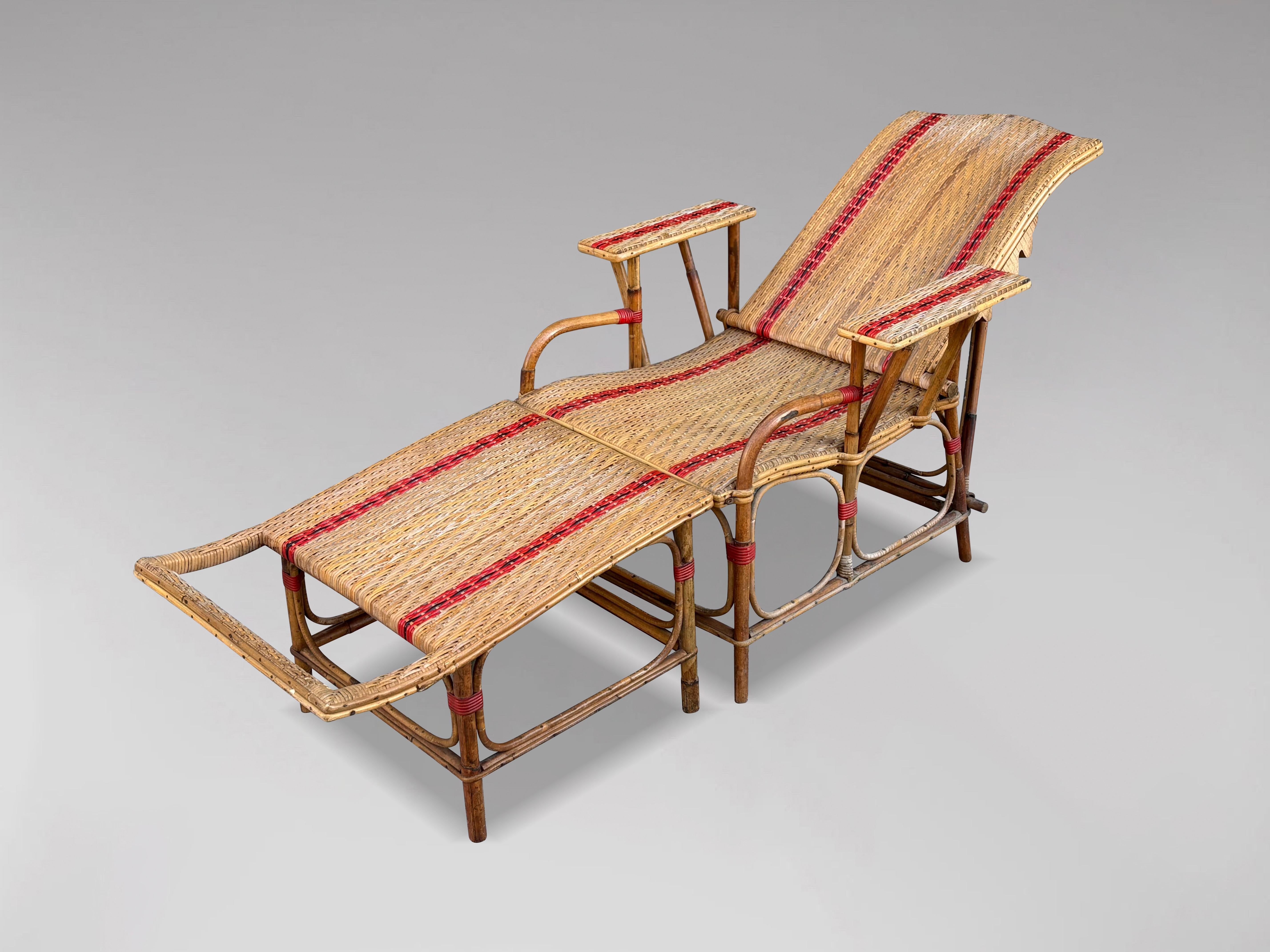 Early 20th century French Riviera Bamboo & Rattan Reclining Sun Lounger For Sale 5
