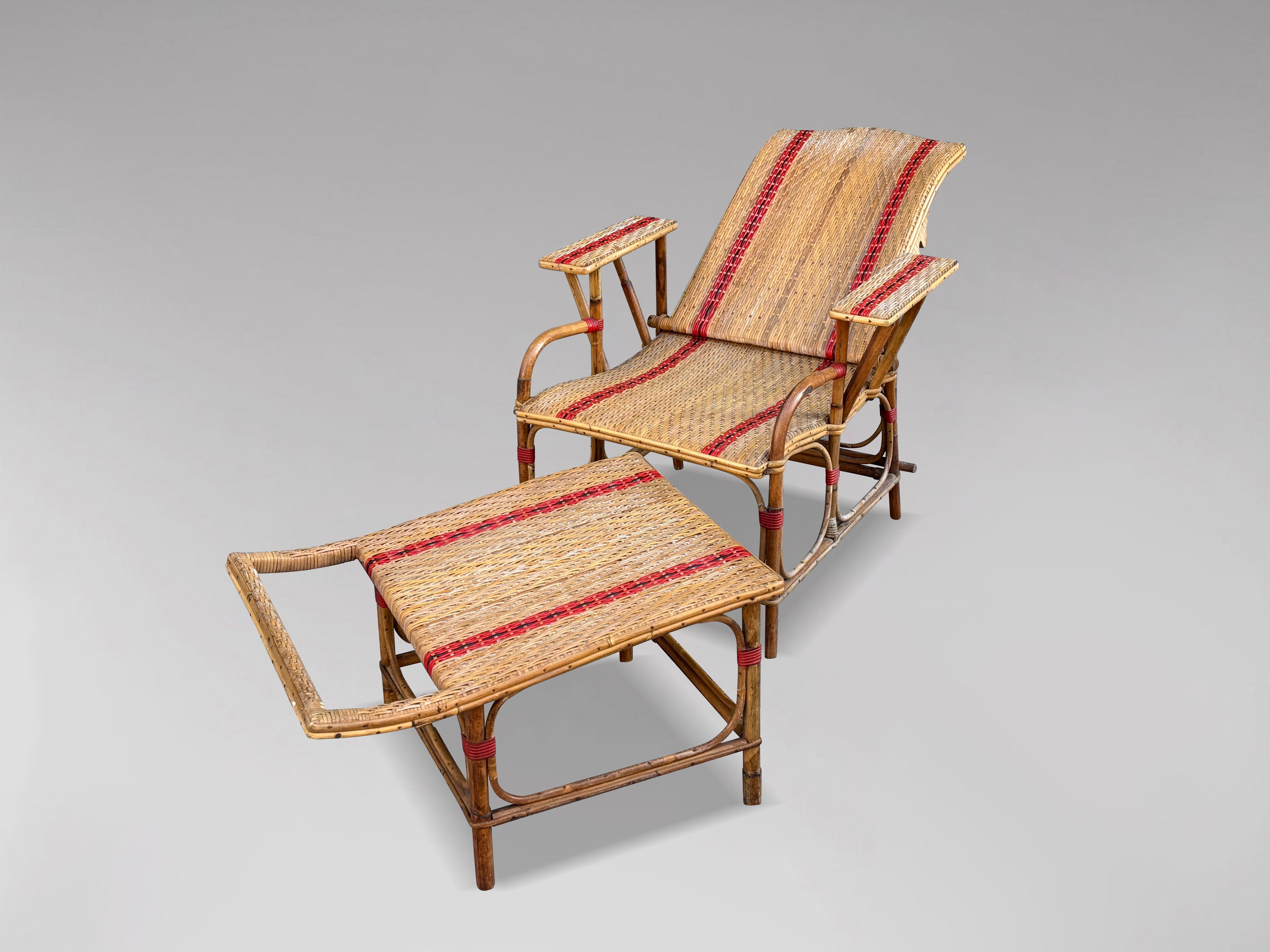 Early 20th century French Riviera Bamboo & Rattan Reclining Sun Lounger For Sale 6