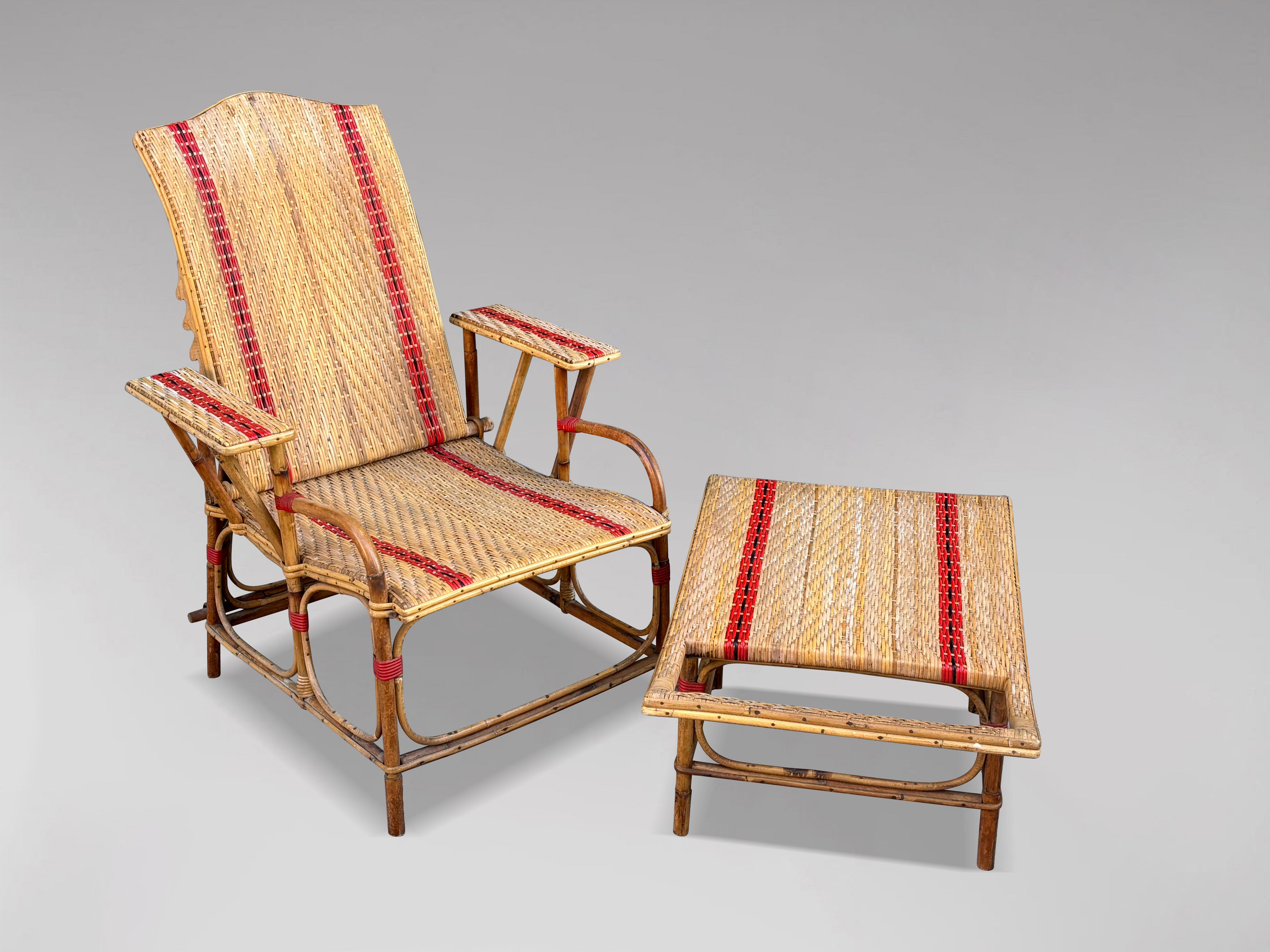Hand-Crafted Early 20th century French Riviera Bamboo & Rattan Reclining Sun Lounger For Sale