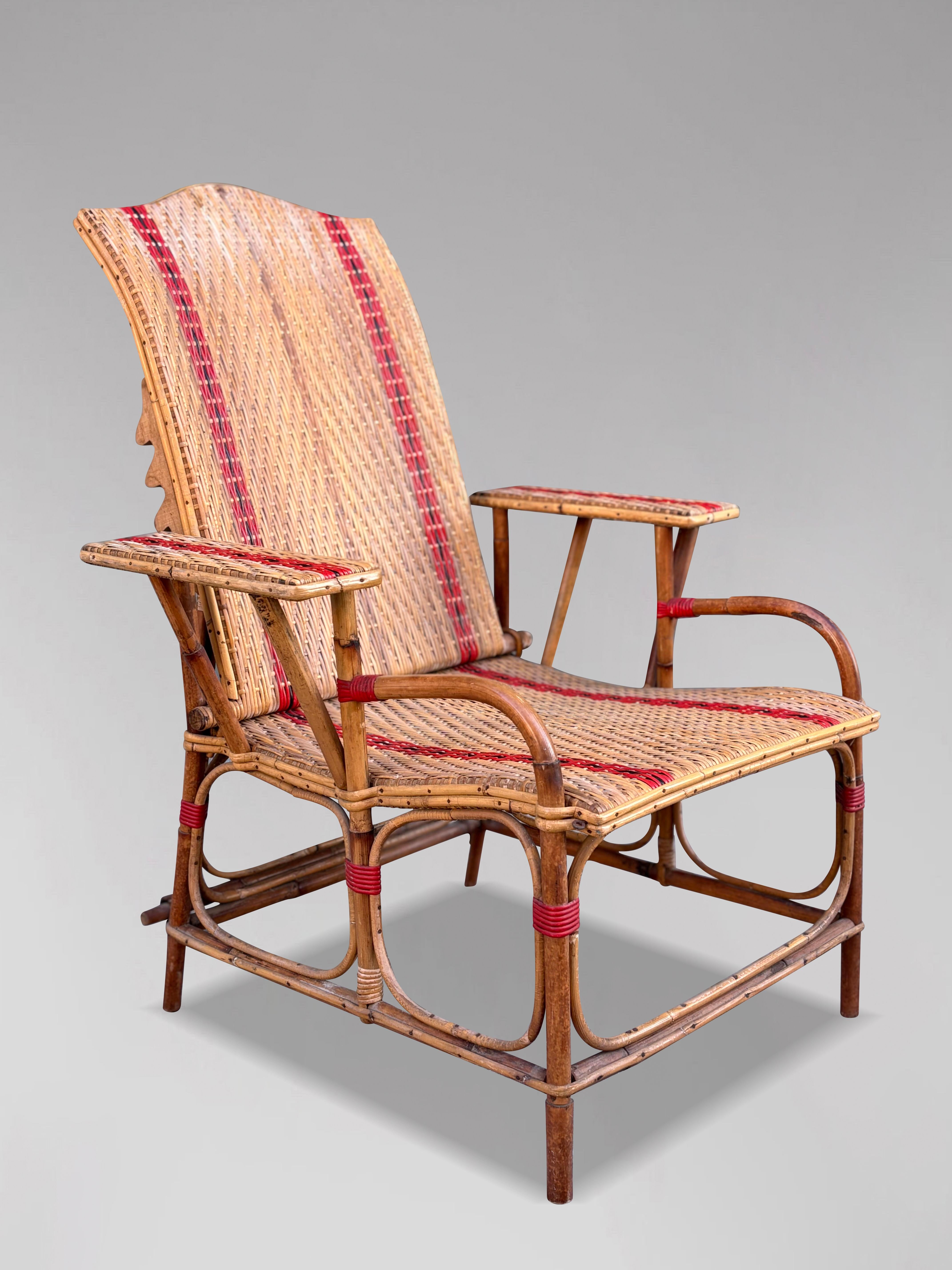 20th Century Early 20th century French Riviera Bamboo & Rattan Reclining Sun Lounger For Sale