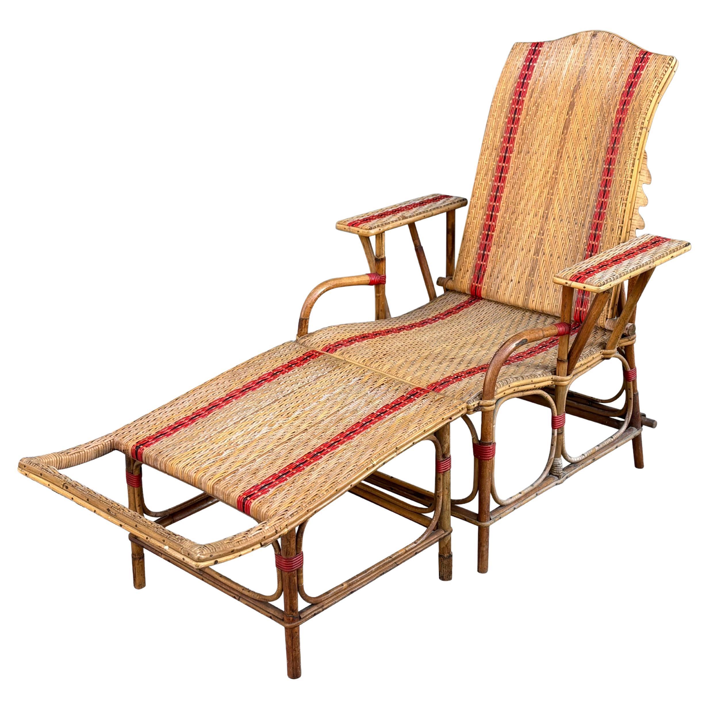 Early 20th century French Riviera Bamboo & Rattan Reclining Sun Lounger