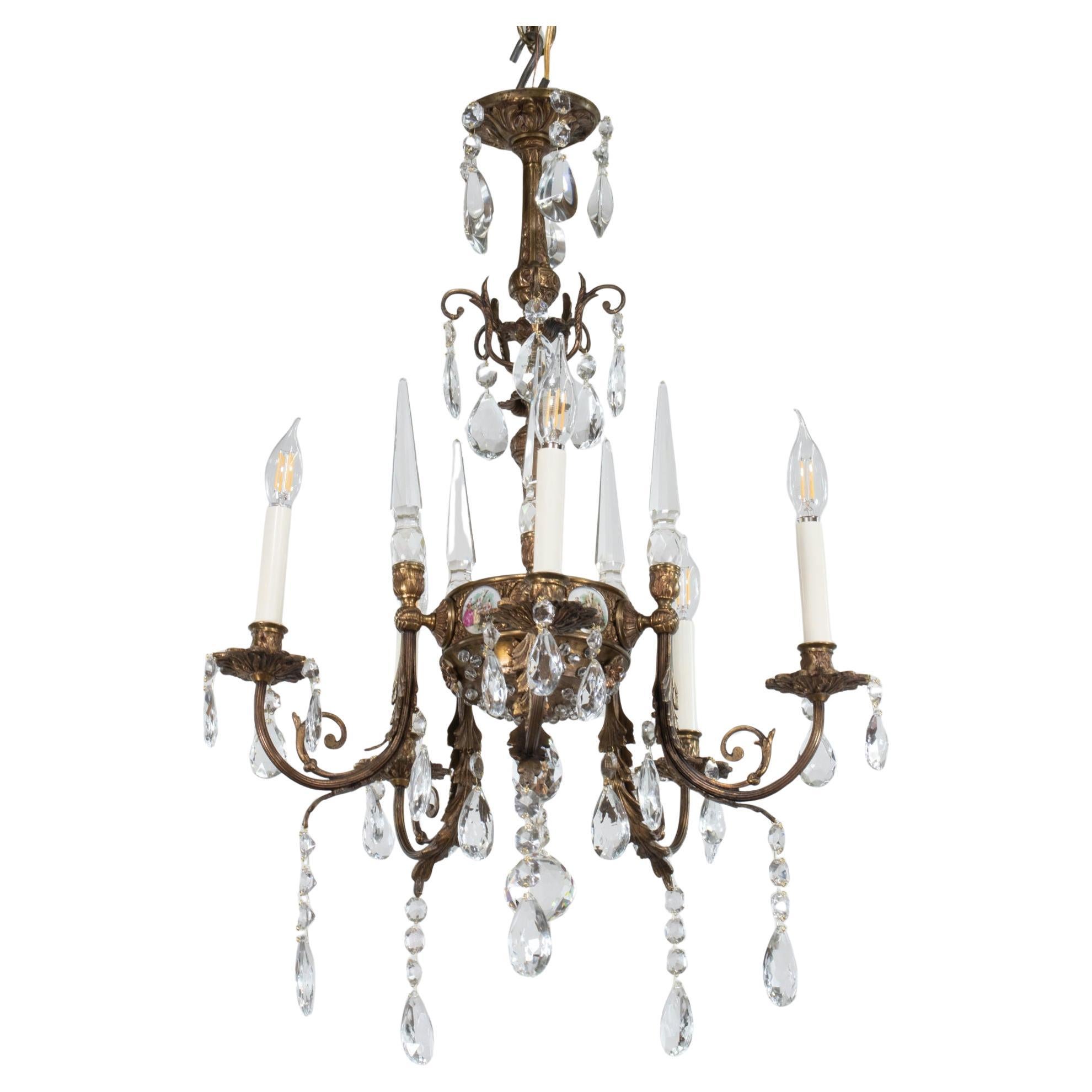 Early 20th Century French Rococo Revival Five Arm Bronze and Crystal Chandelier