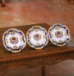 Early 20th Century French Rouen Faience Armorial Wall Plates, Set of 3