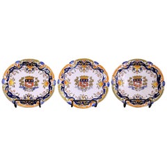 Early 20th Century French Rouen Faience Armorial Wall Plates, Set of 3