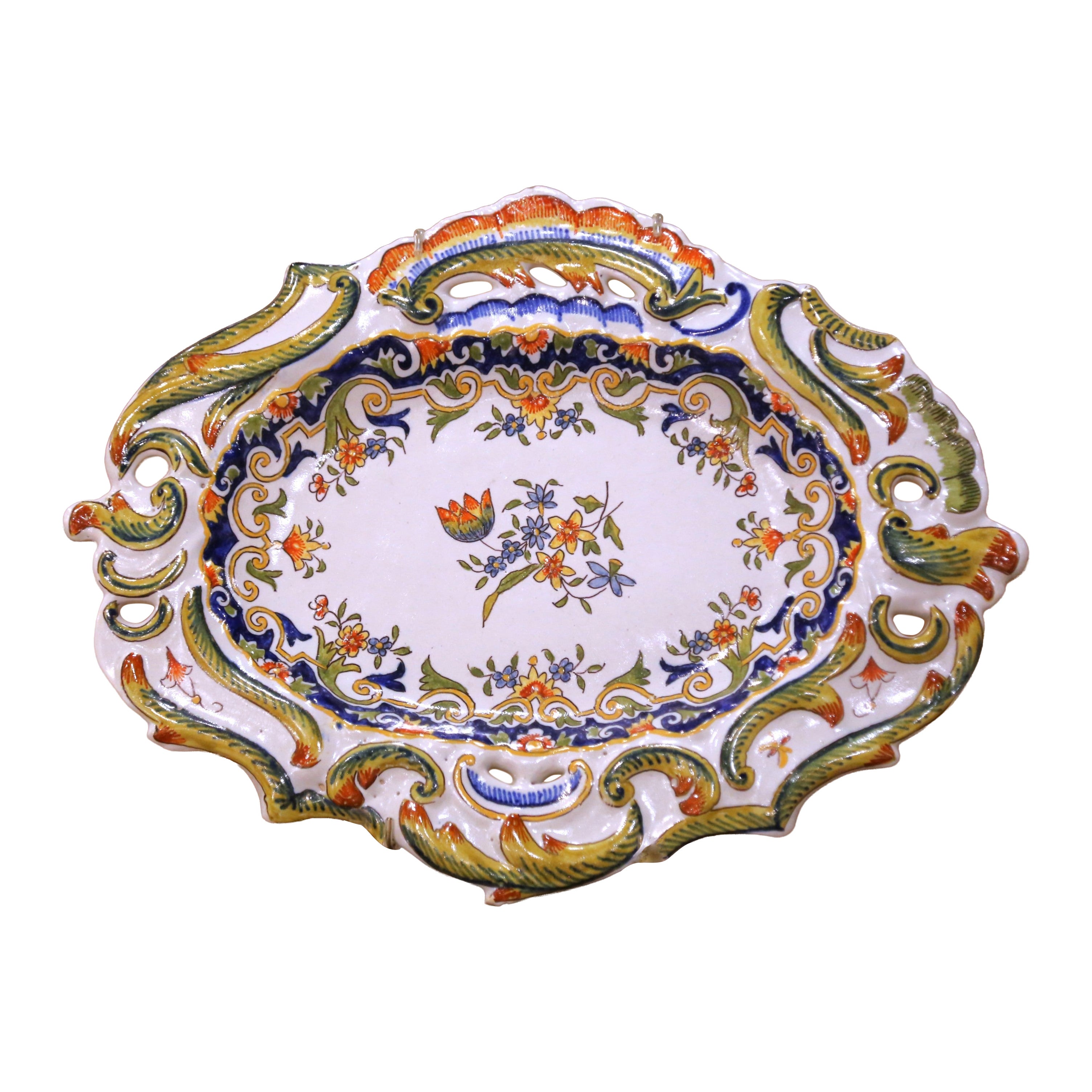 Early 20th Century French Rouen Faience Wall Platter with Pierced Rim