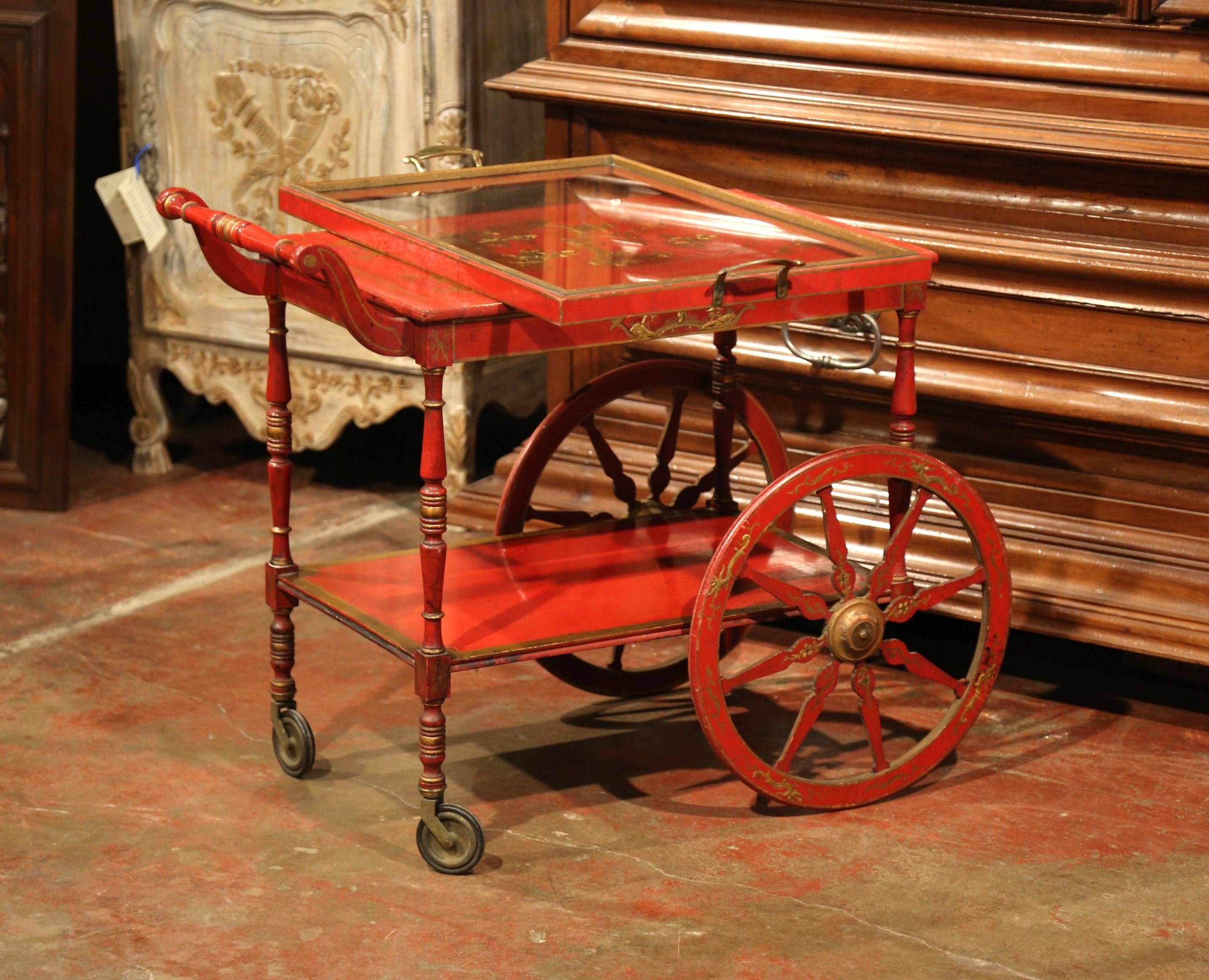 Hand-Carved Early 20th Century French Rouge Painted Bar Cart with Gilt Chinoiserie Motifs For Sale