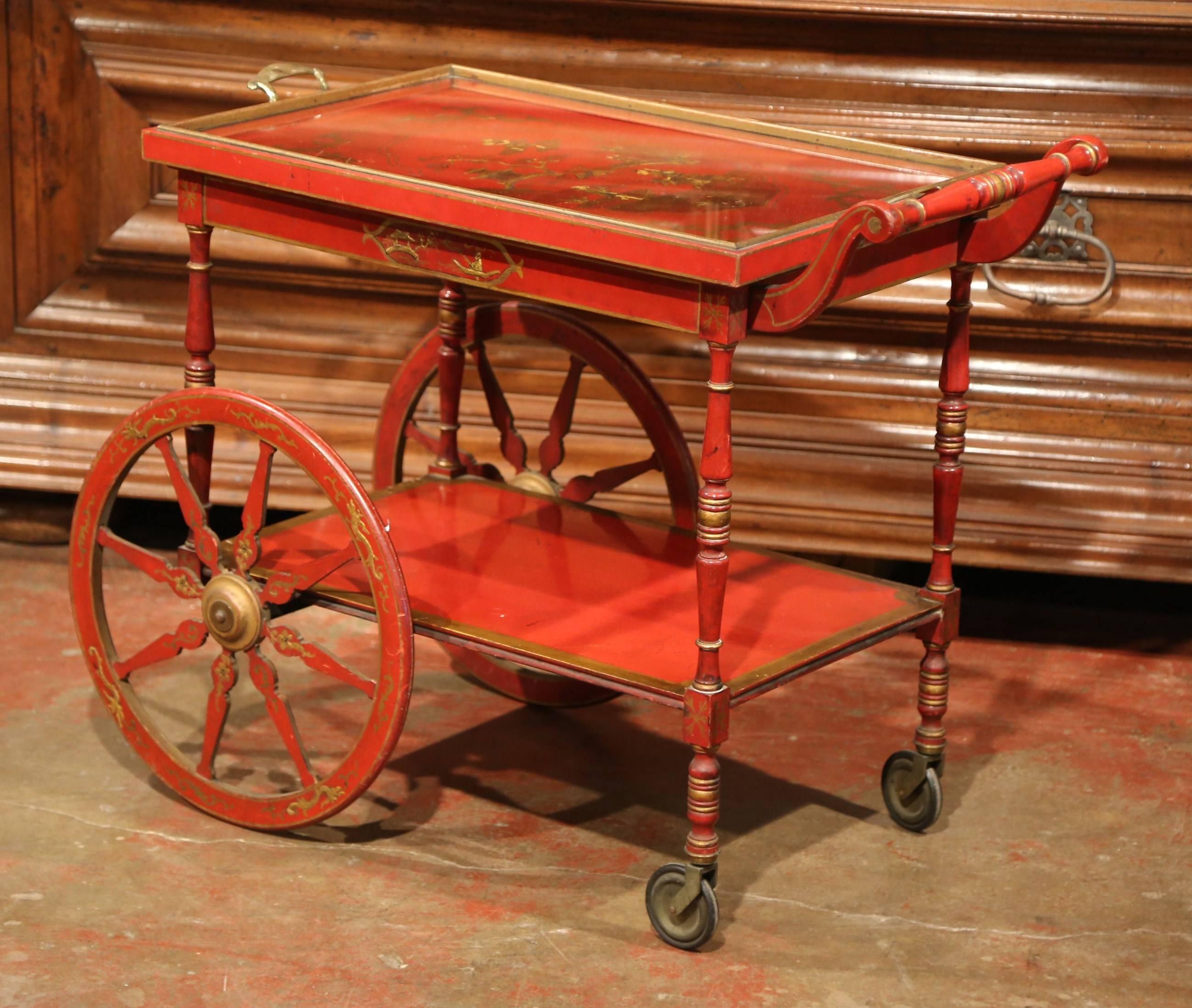 Early 20th Century French Rouge Painted Bar Cart with Gilt Chinoiserie Motifs For Sale 1