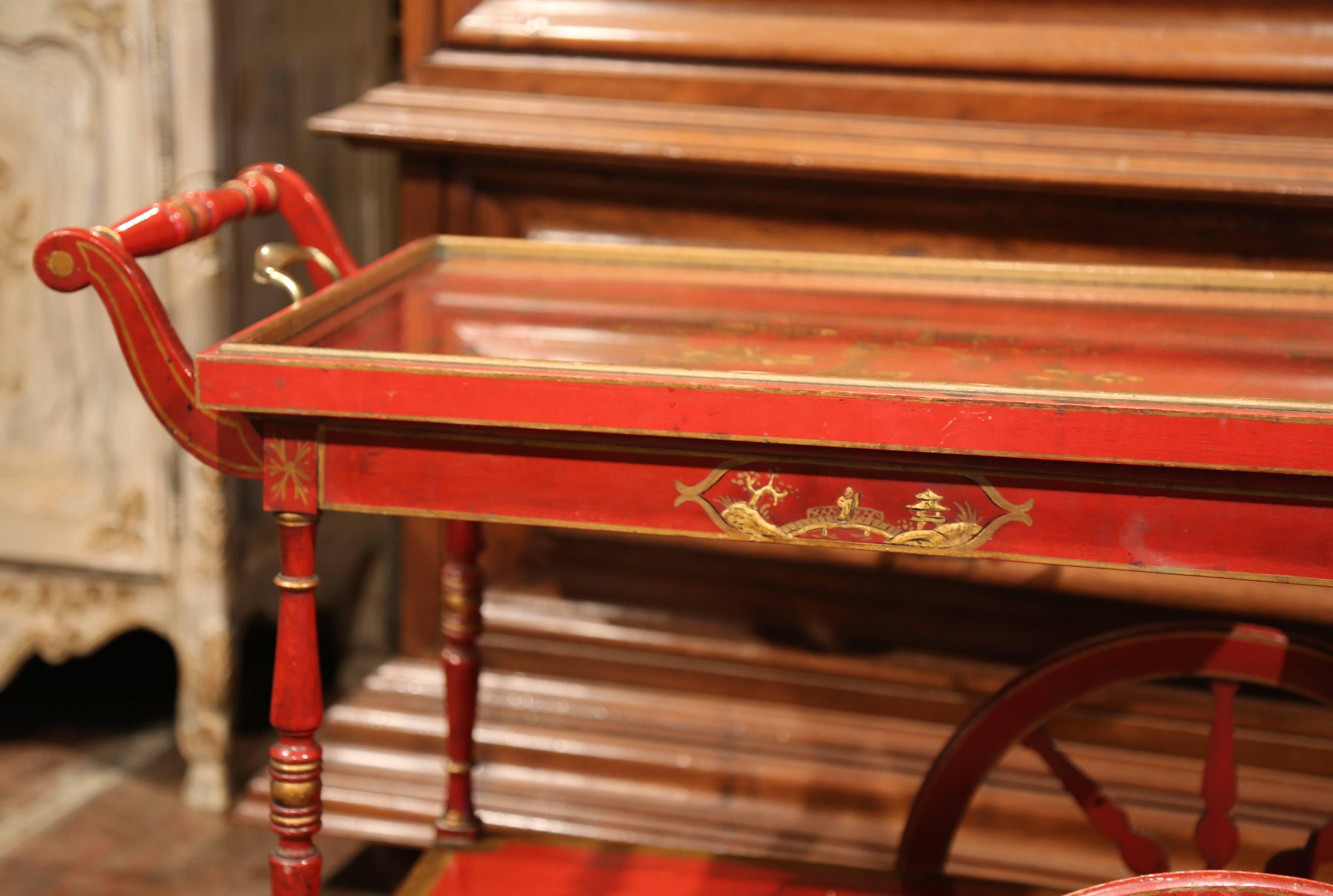 Early 20th Century French Rouge Painted Bar Cart with Gilt Chinoiserie Motifs For Sale 3