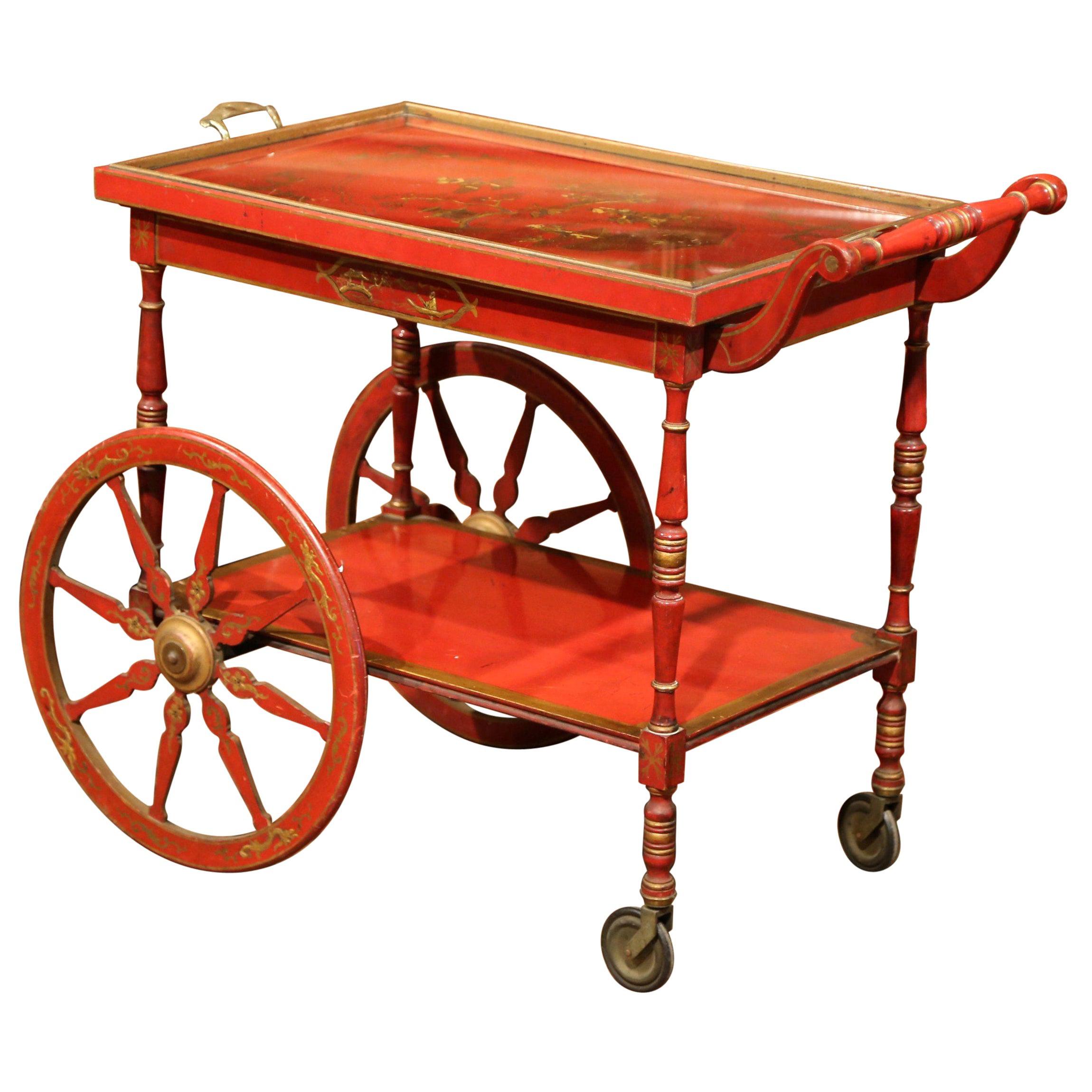 Chariot de bar français du début du 20ème siècle peint en rouge avec motifs de chinoiserie dorée