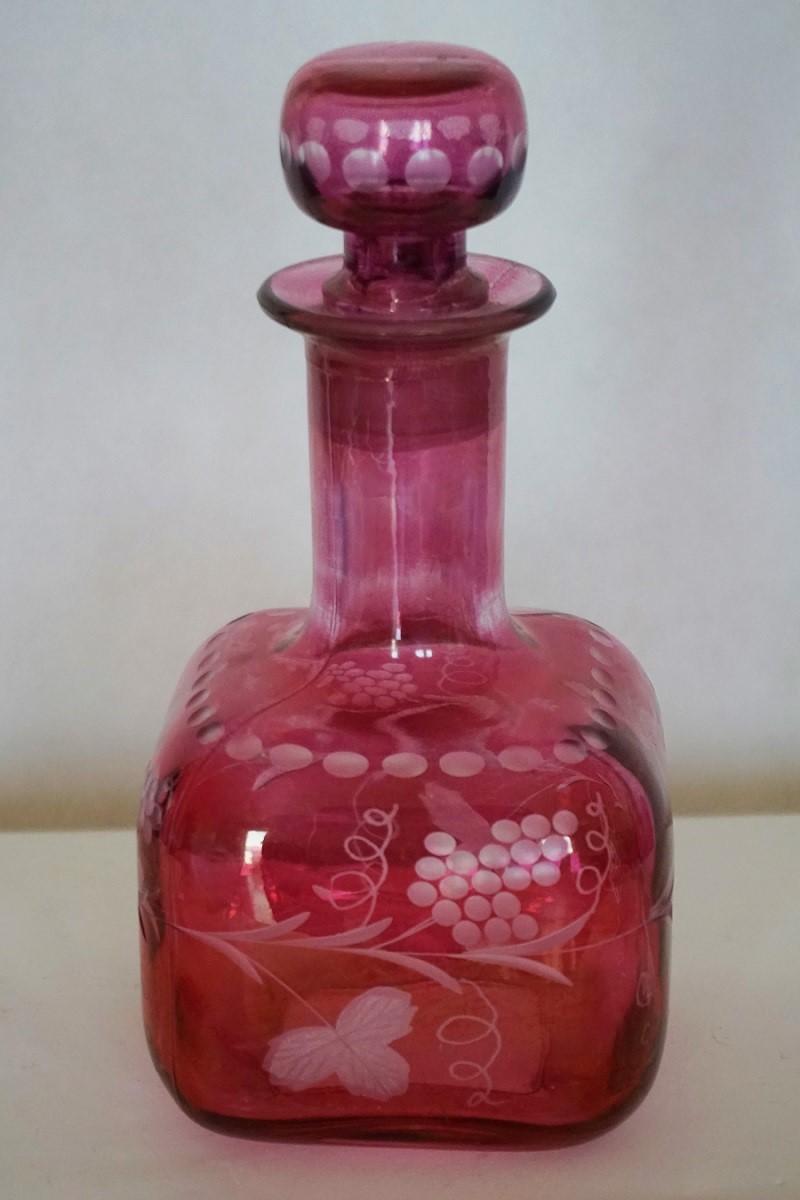 Bohemian Early 20th Century French Ruby to Engraved Clear Cut Glass Bottle or Decanter