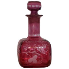 Antique Early 20th Century French Ruby to Engraved Clear Cut Glass Bottle or Decanter