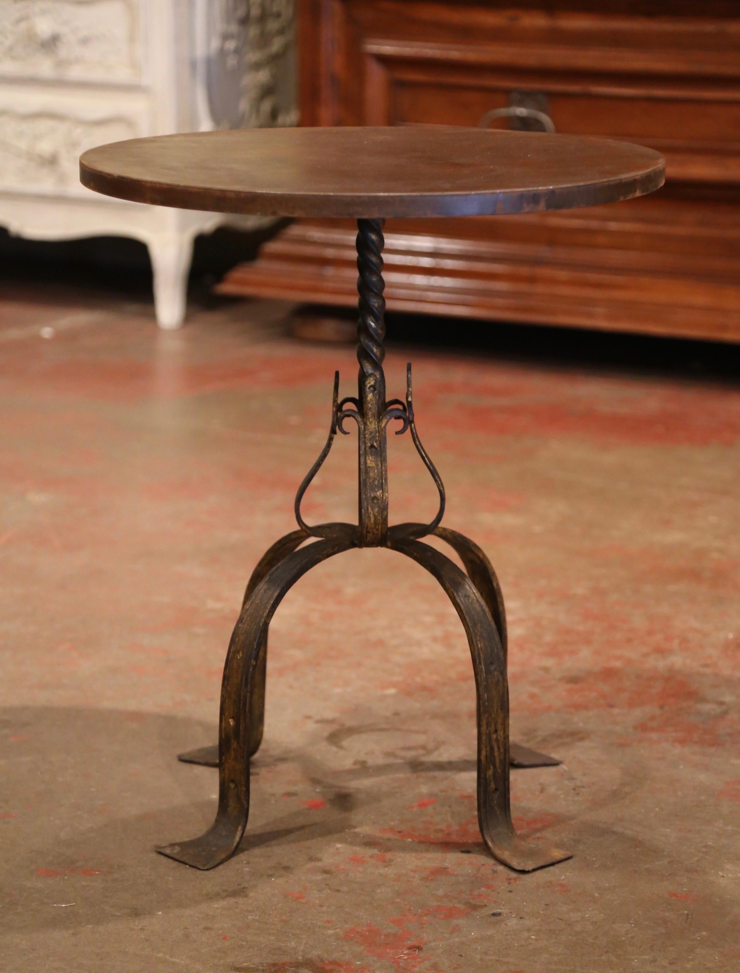 Forged Early 20th Century French Rust and Gilt Painted Iron Pedestal Martini Side Table