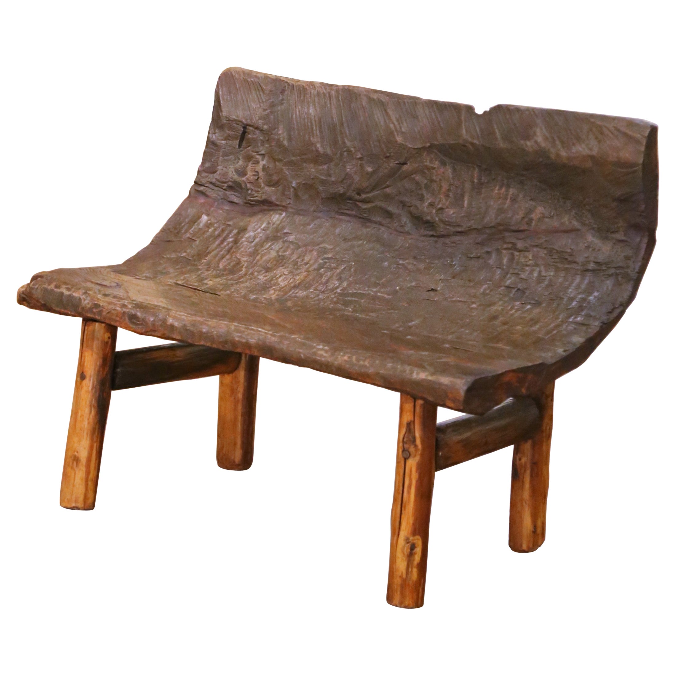 Early 20th Century French Rustic Hand-Carved Oak Bench from the Alps