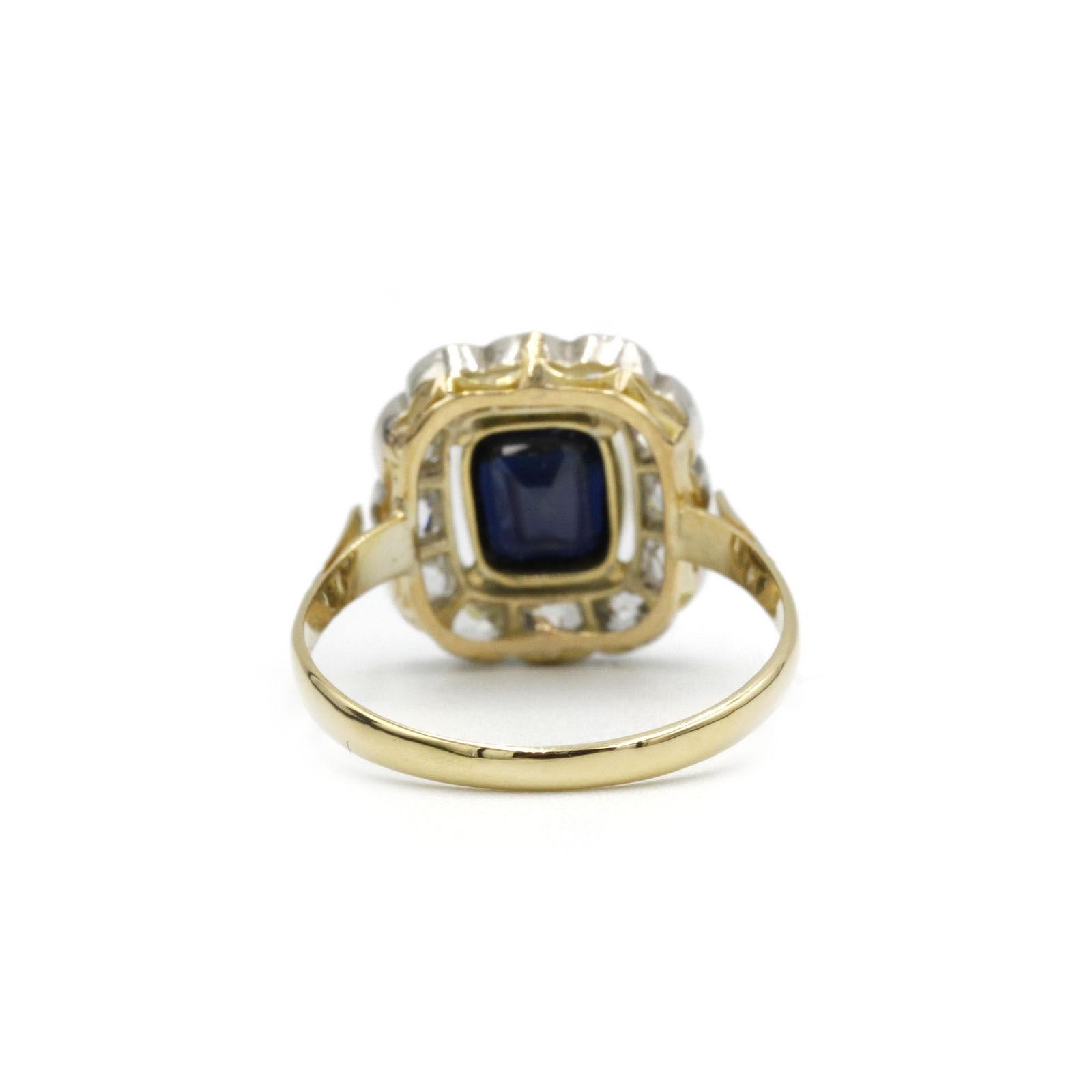 Cushion Cut Early 20th Century French Sapphire & Diamond “Daisy” Cluster Ring – Antique 18K For Sale