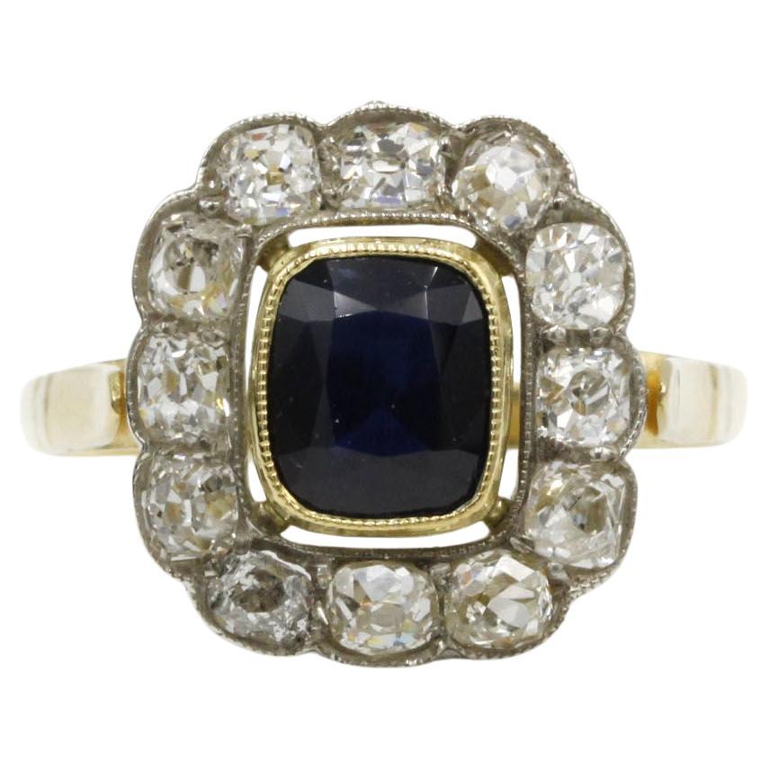 Early 20th Century French Sapphire & Diamond “Daisy” Cluster Ring – Antique 18K