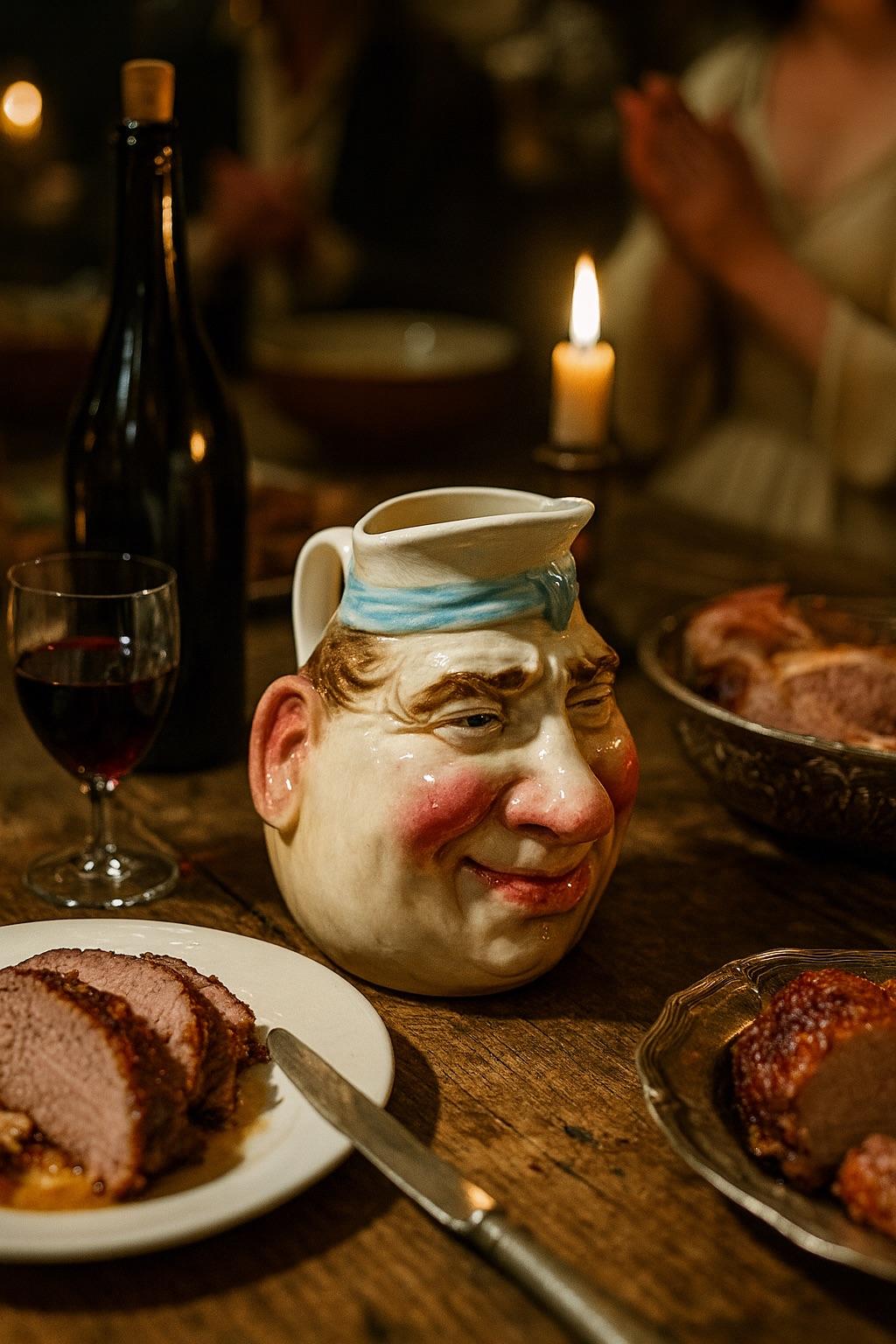 Original jarra de loza de principios del siglo XX, fabricada por la fábrica de Sarreguemines, que representa una cabeza de hombre con rasgos expresivos y caricaturescos. Este tipo de pieza humorística, muy de moda en la época, combina la artesanía