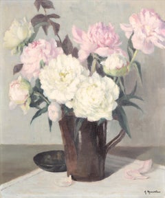 Peonies - Large 1930's French Imprressionist Flowers Still Life Oil Painting