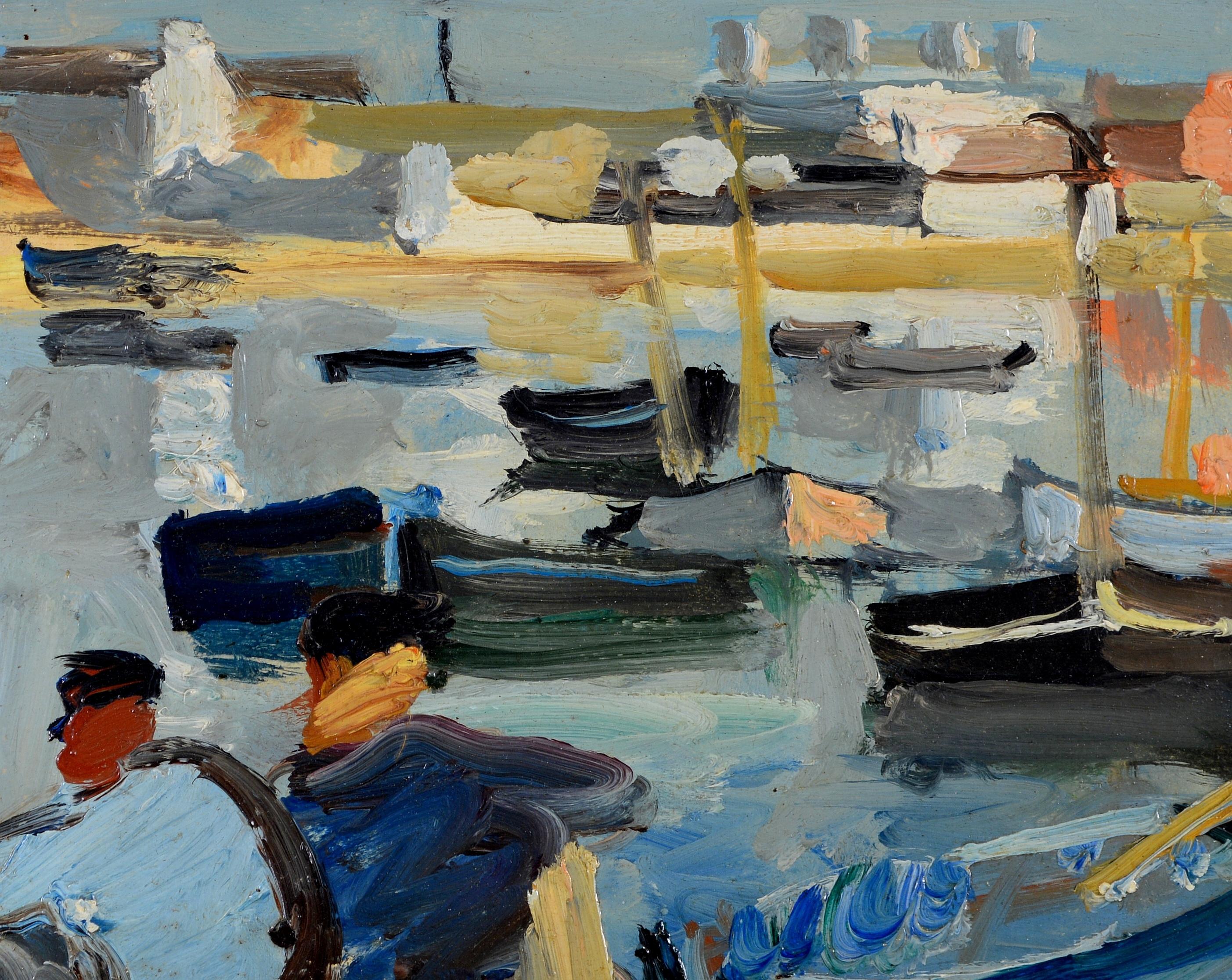 Boote vor der Küste - Französische postimpressionistische figurative Landschaftsmalerei (Post-Impressionismus), Painting, von Early 20th Century French School