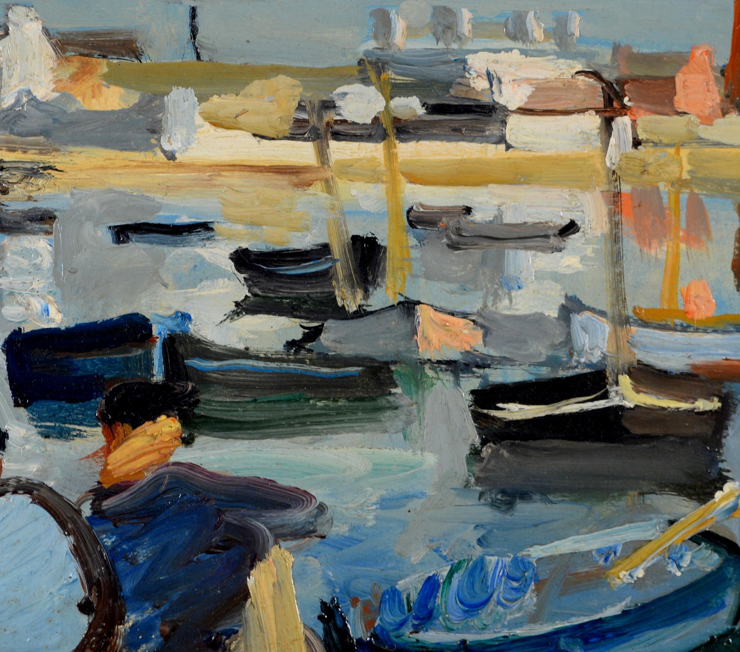 Boote vor der Küste - Französische postimpressionistische figurative Landschaftsmalerei (Braun), Landscape Painting, von Early 20th Century French School