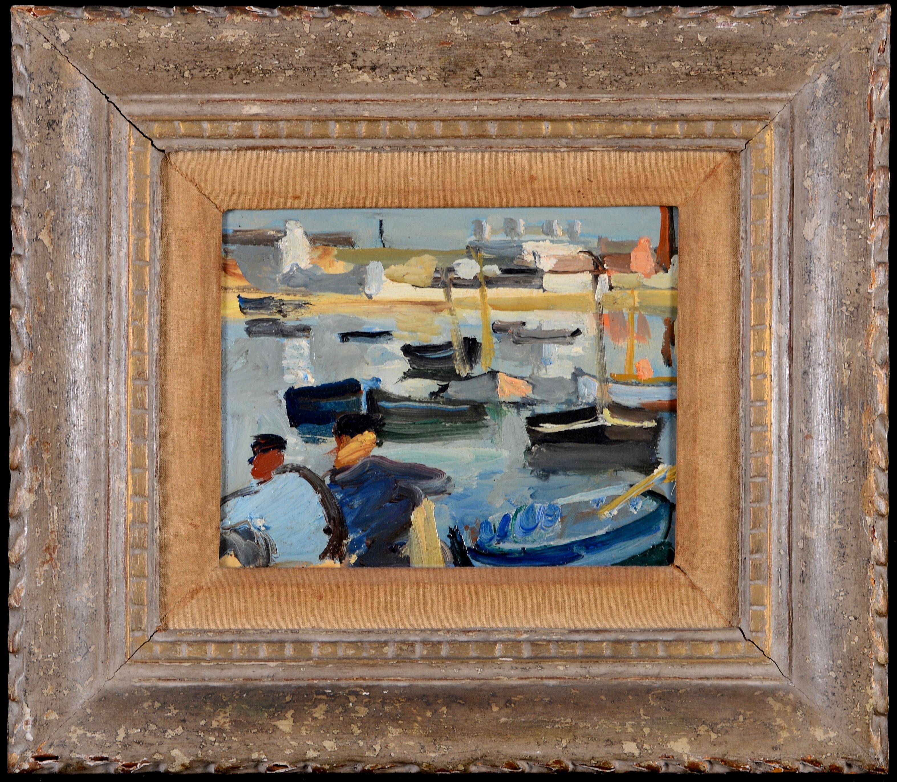 Early 20th Century French School Landscape Painting – Boote vor der Küste - Französische postimpressionistische figurative Landschaftsmalerei