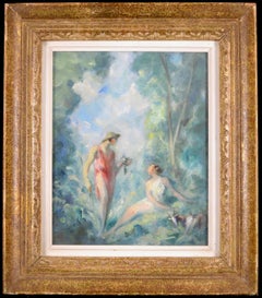 Figuras en un Paisaje Arbolado - Pintura Simbolista Impresionista Francesa Antigua
