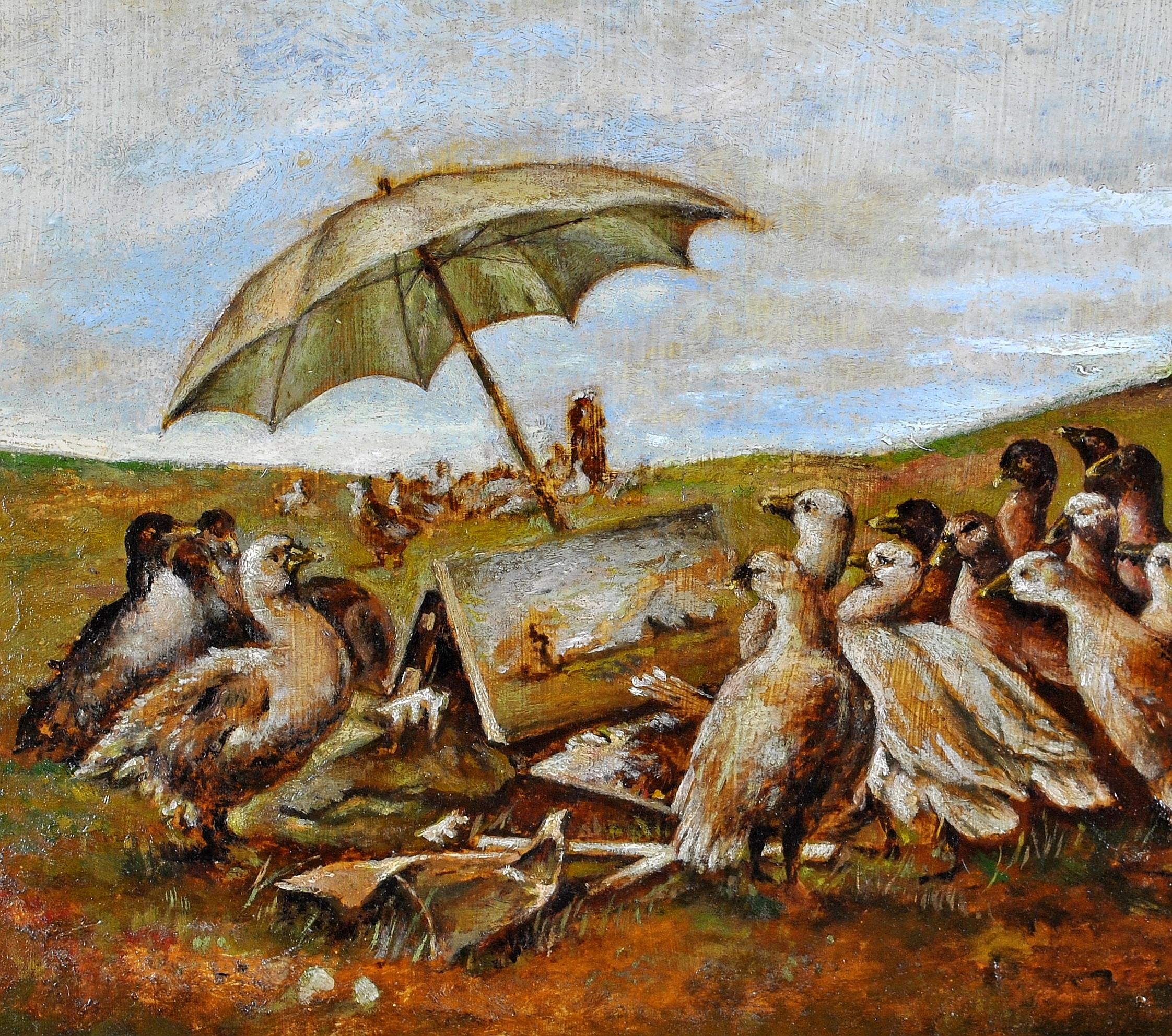 Geese Admiring a Painting - Early 20th Century French Antique Oil Painting - Gray Animal Painting by Early 20th Century French School