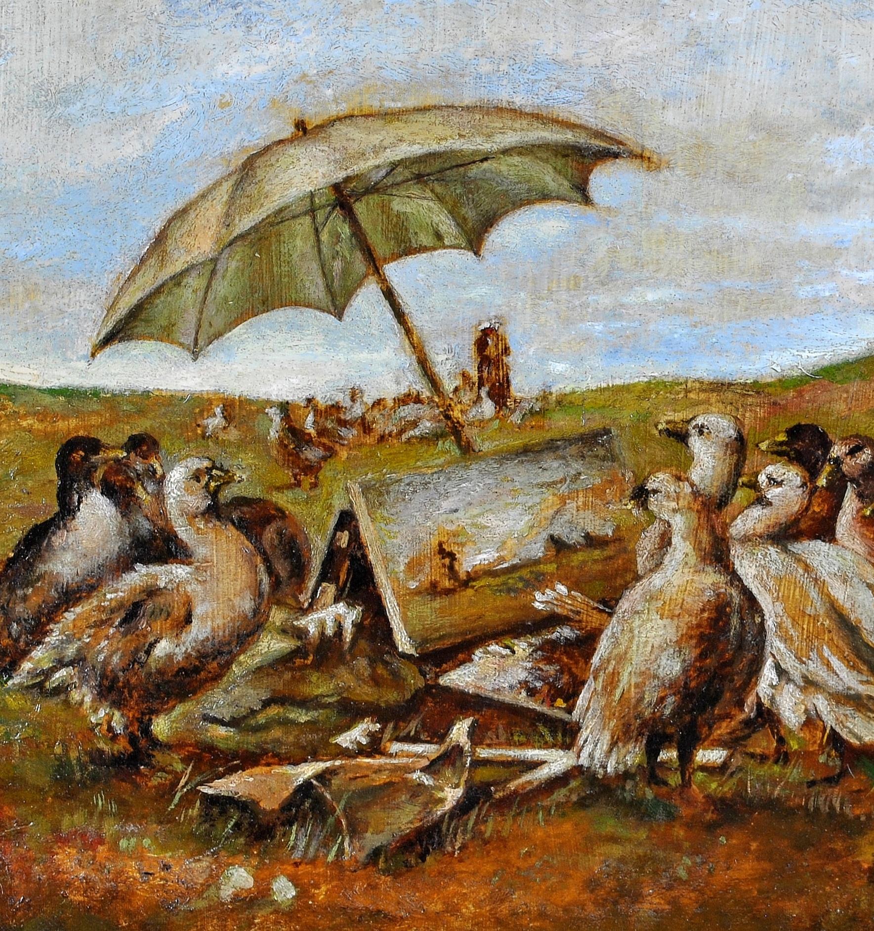 A wonderfully whimsical c. 1920 French oil on mahogany panel depicting a gaggle of geese admiring a painting in a landscape with distant haystacks. Very unusual and interesting work. Presented in a painted frame.

Artist: French School, early 20th