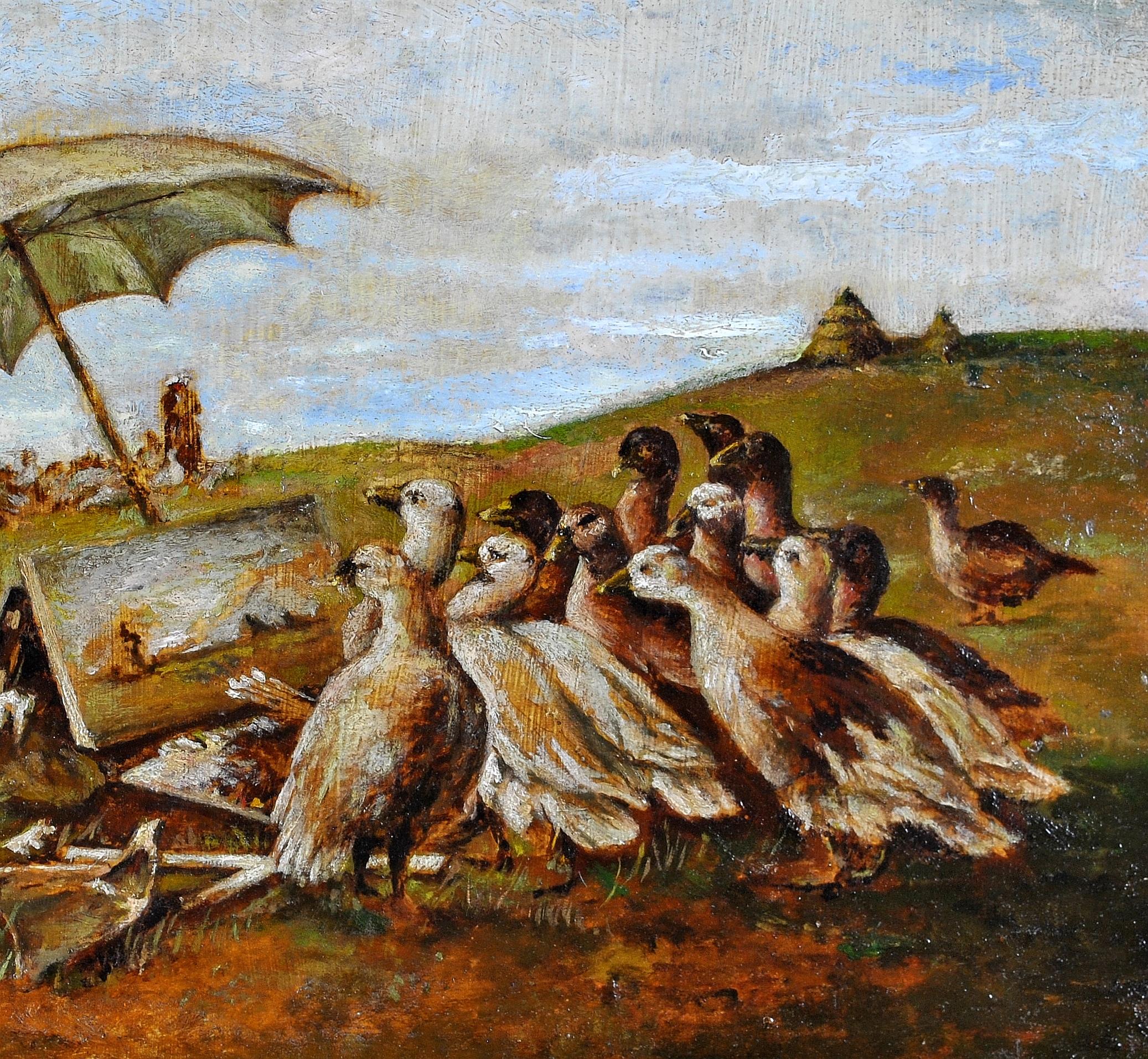 Geese Admiring a Painting - Early 20th Century French Antique Oil Painting For Sale 1