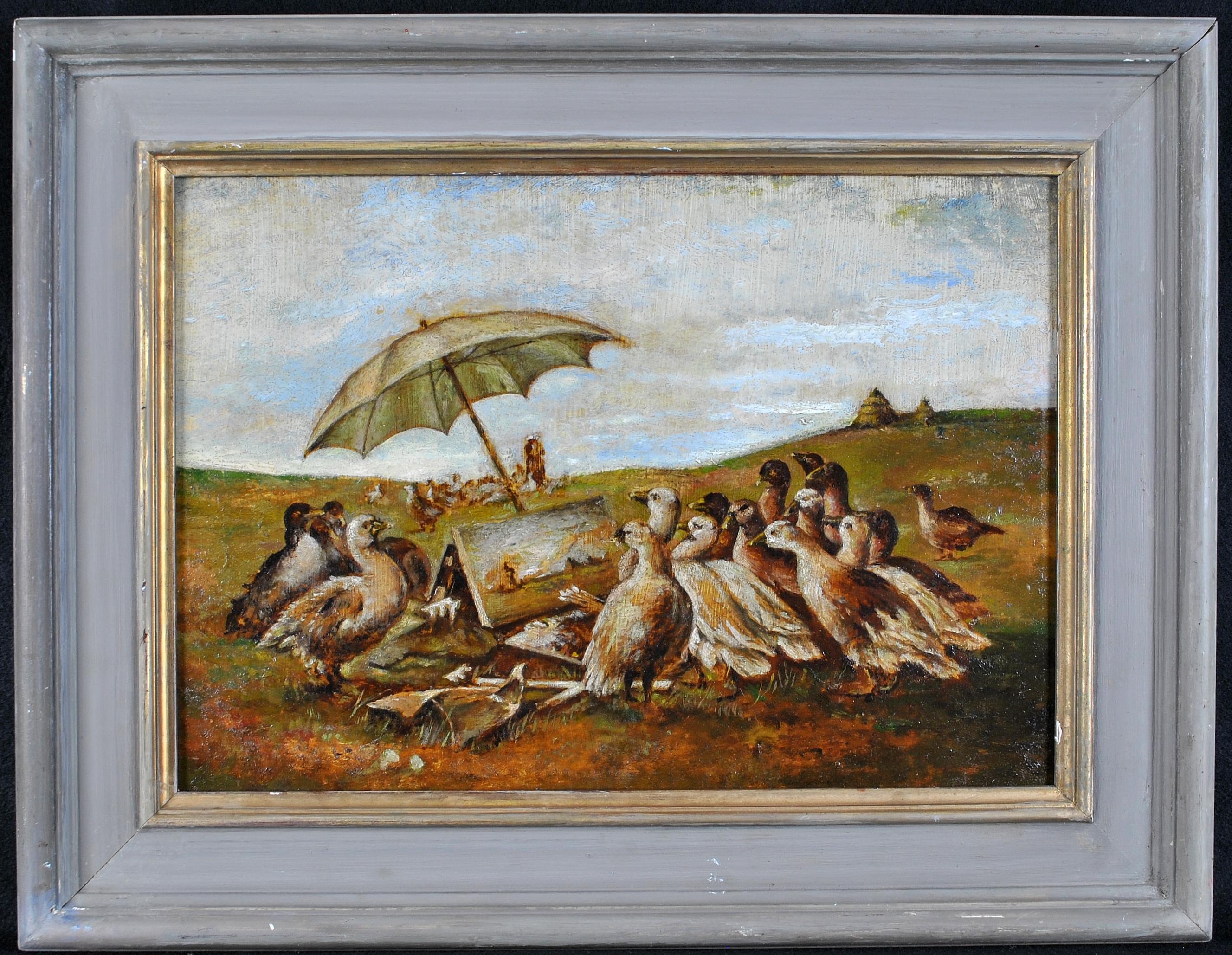 Early 20th Century French School Animal Painting - Geese Admiring a Painting - Early 20th Century French Antique Oil Painting