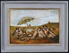 Geese Admiring a Painting - Early 20th Century French Antique Oil Painting