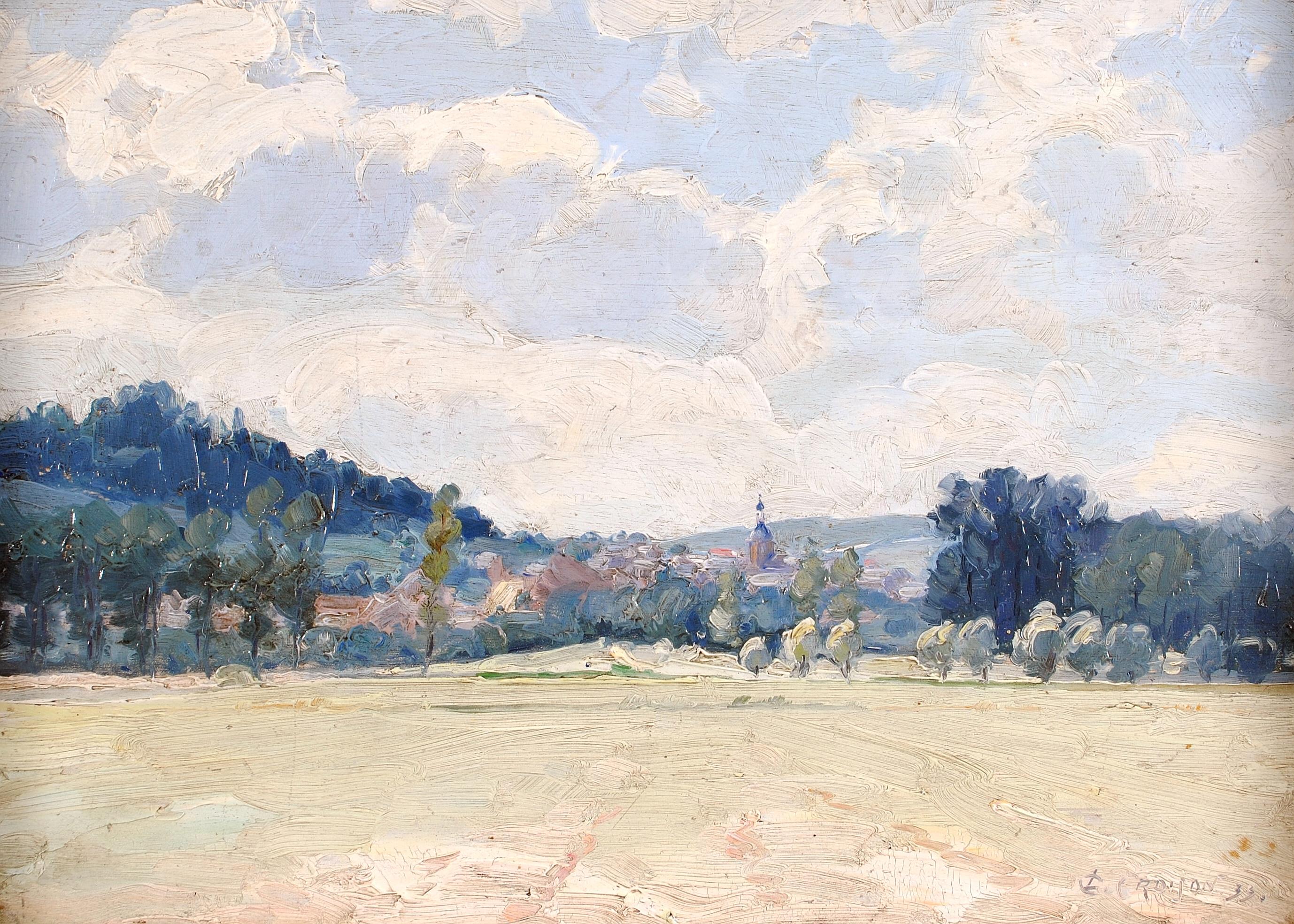 Paisaje con ciudad lejana - Antique French Impasto Impresionista Pintura al Óleo - Painting de Early 20th Century French School