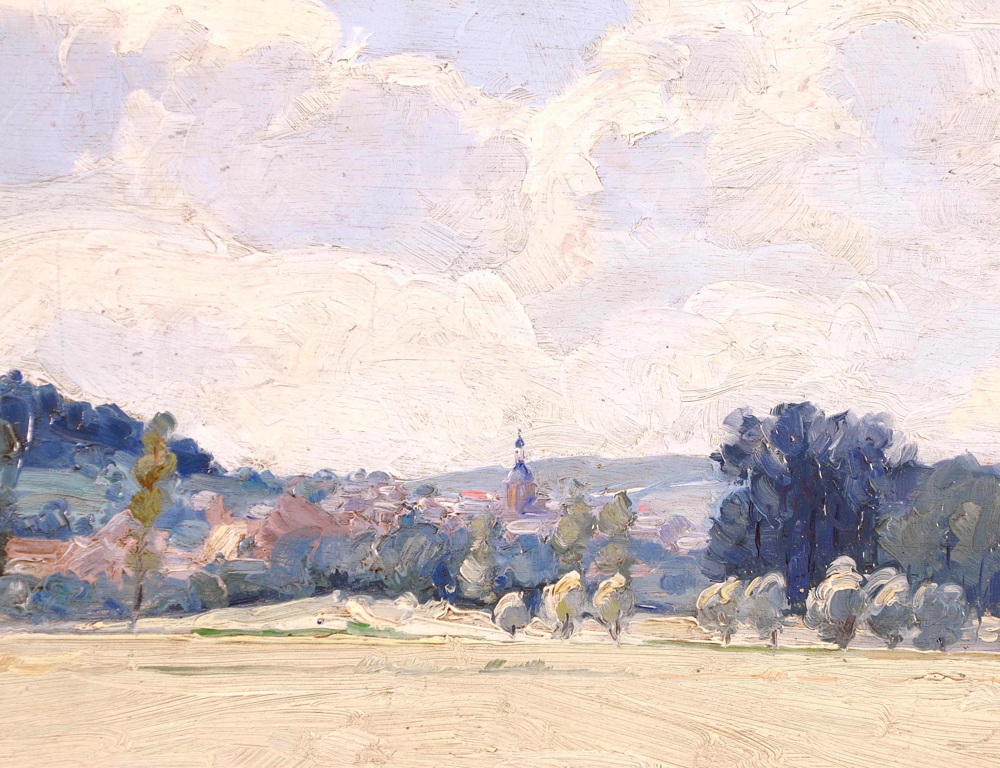 Precioso óleo impresionista francés sobre tabla, firmado y fechado en 1933, que representa un paisaje con una ciudad lejana. La obra está magníficamente pintada con pinceladas de impasto arremolinado. Presentado en un marco pintado.

Artista: