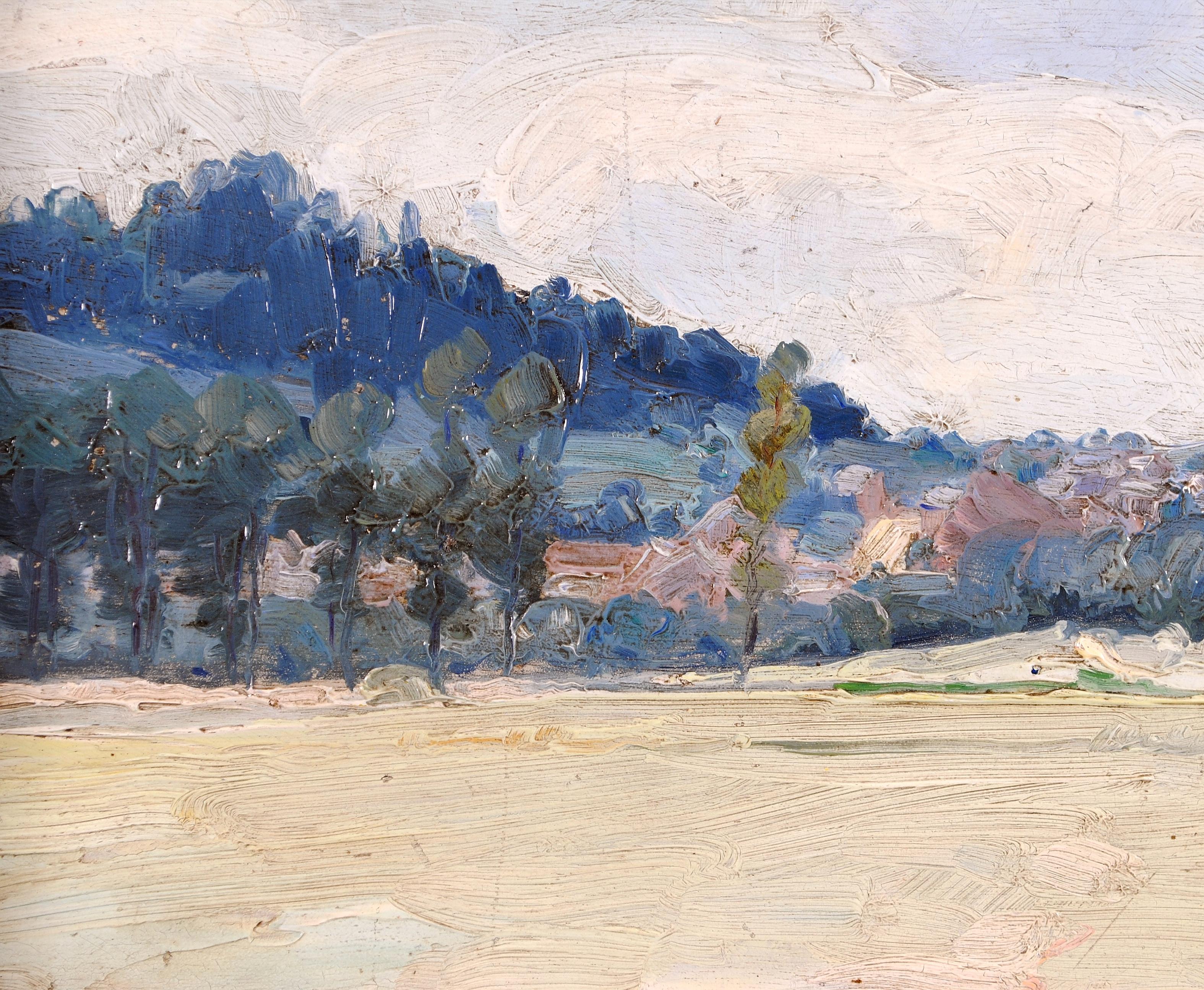 Paisaje con ciudad lejana - Antique French Impasto Impresionista Pintura al Óleo 1