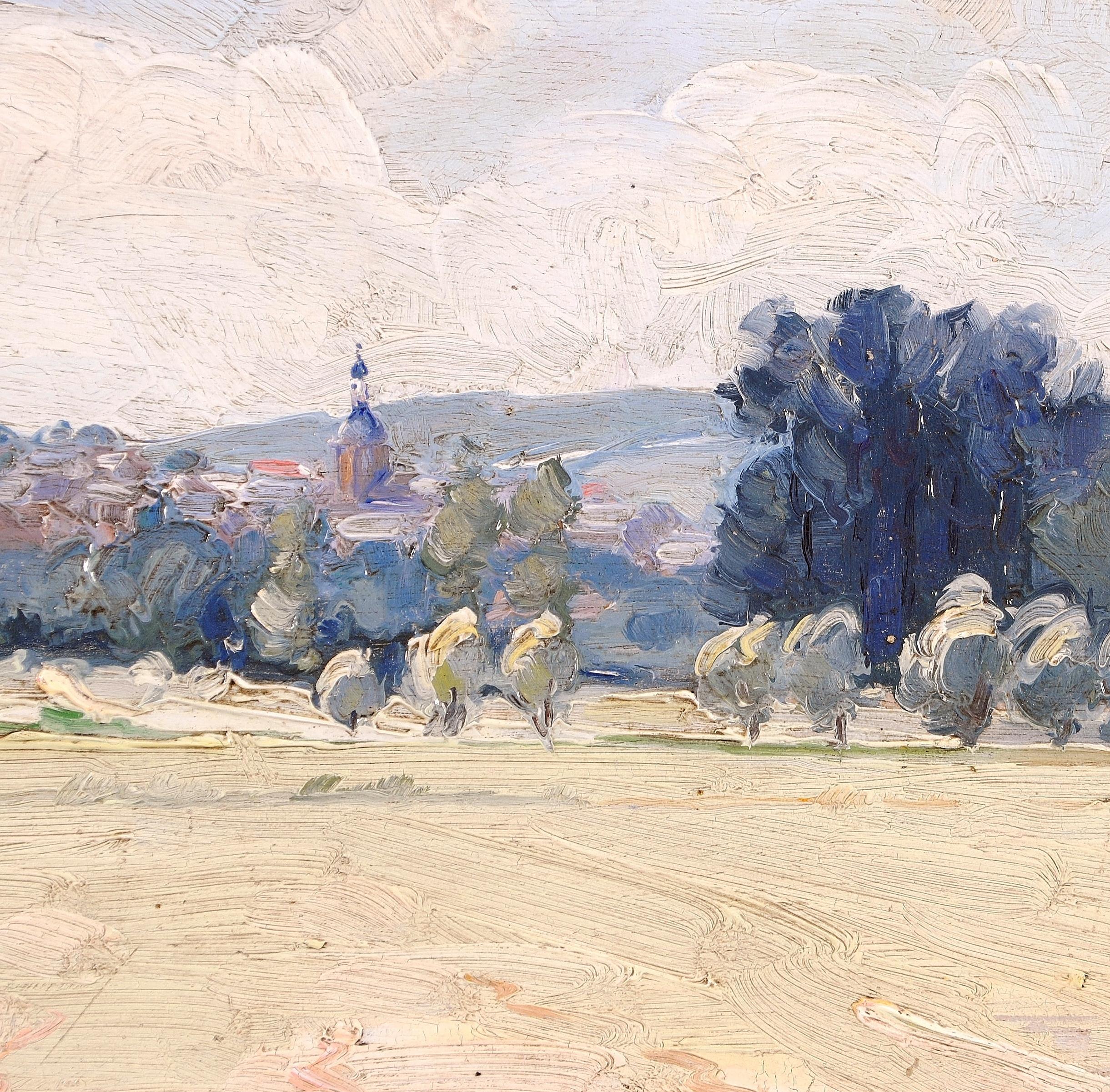 Paisaje con ciudad lejana - Antique French Impasto Impresionista Pintura al Óleo 2