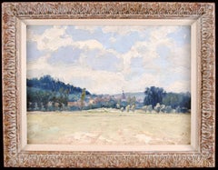 Paisaje con ciudad lejana - Antique French Impasto Impresionista Pintura al Óleo