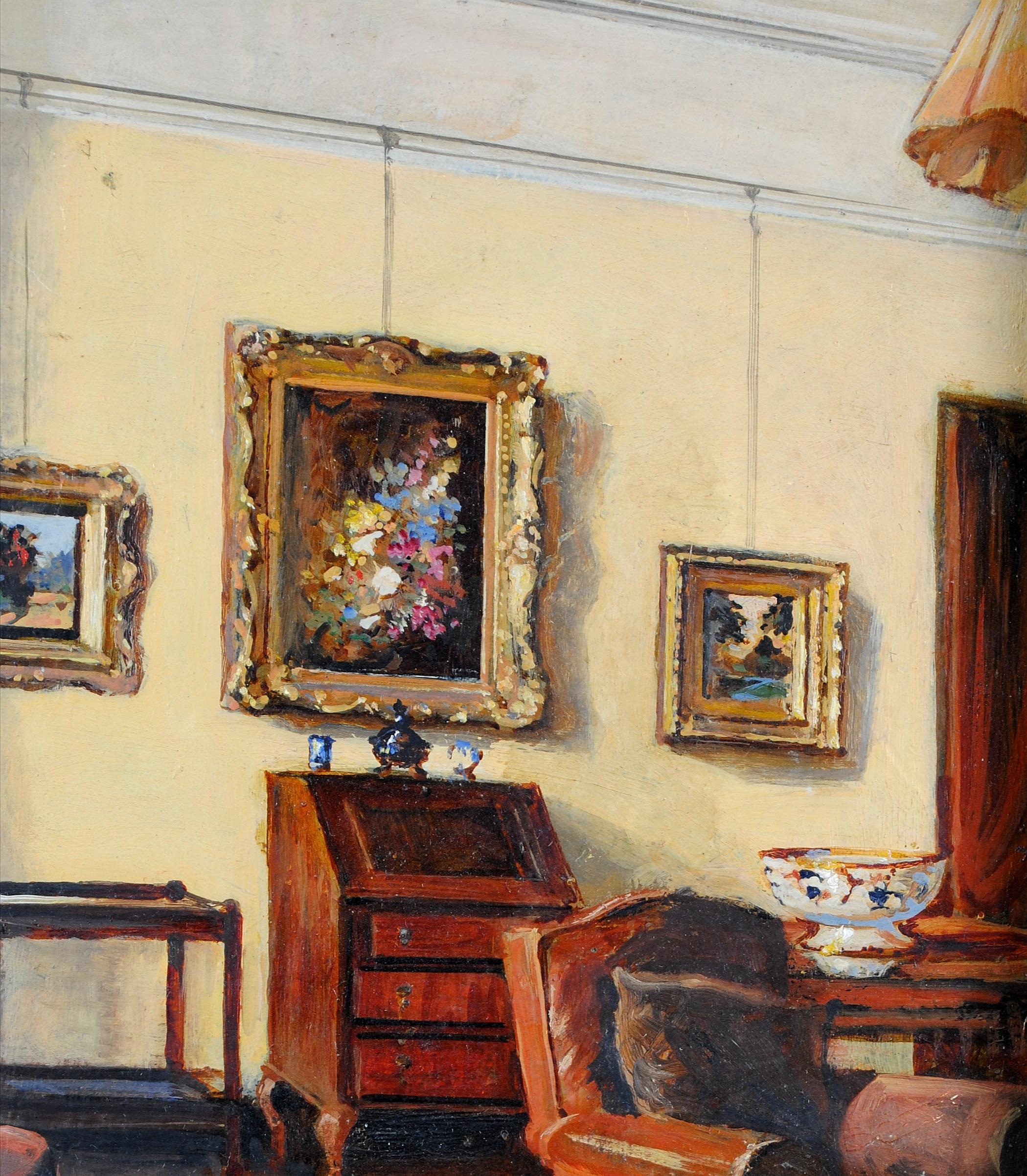 Interior del salón - Pintura al óleo English Impressionist de principios del siglo XX - Painting Impresionista de Early 20th Century French School