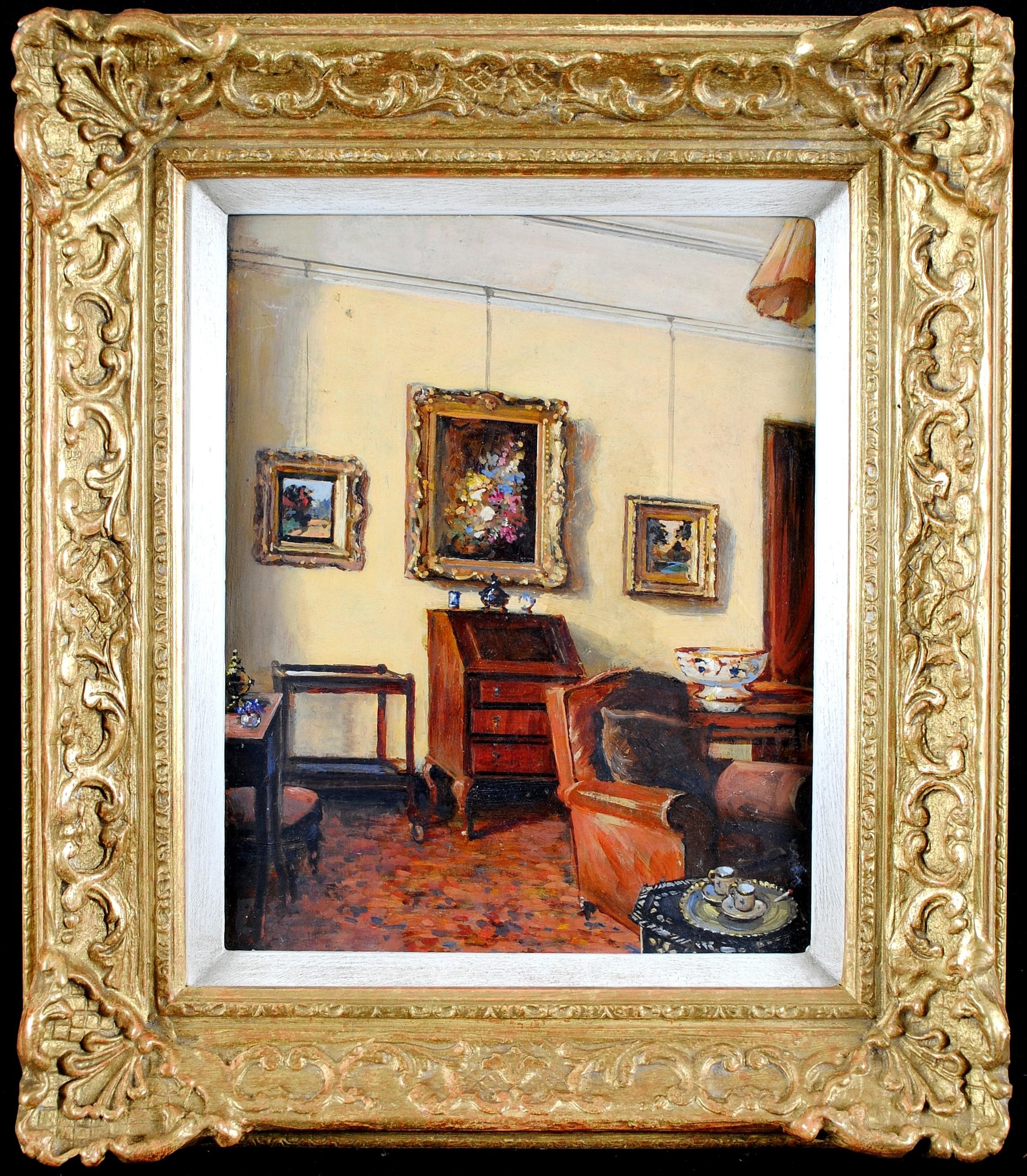 Interior Painting de Early 20th Century French School - Interior del salón - Pintura al óleo English Impressionist de principios del siglo XX