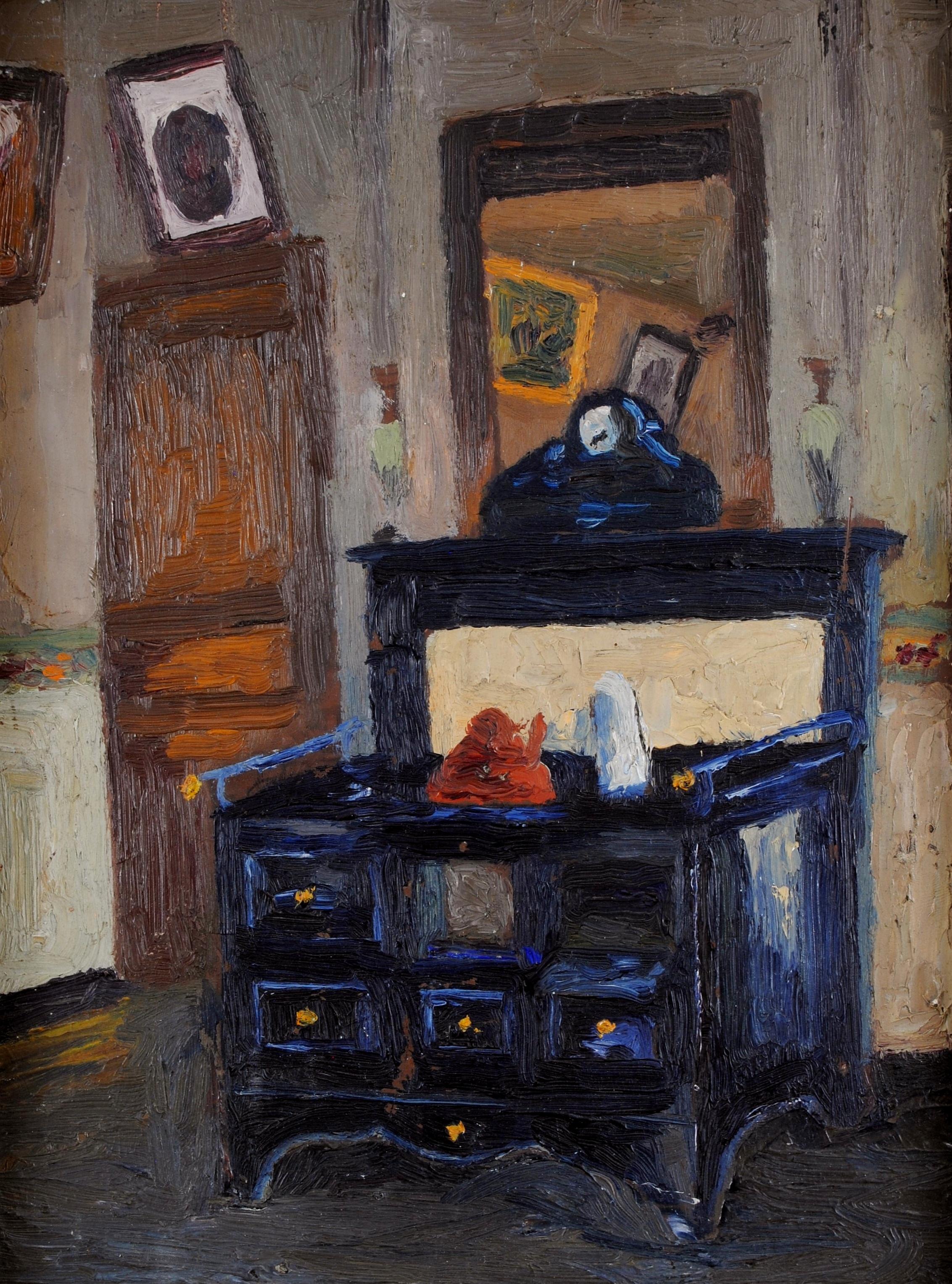 Interno del soggiorno - Pittura a olio post impressionista francese dei primi del Novecento - Painting di Early 20th Century French School