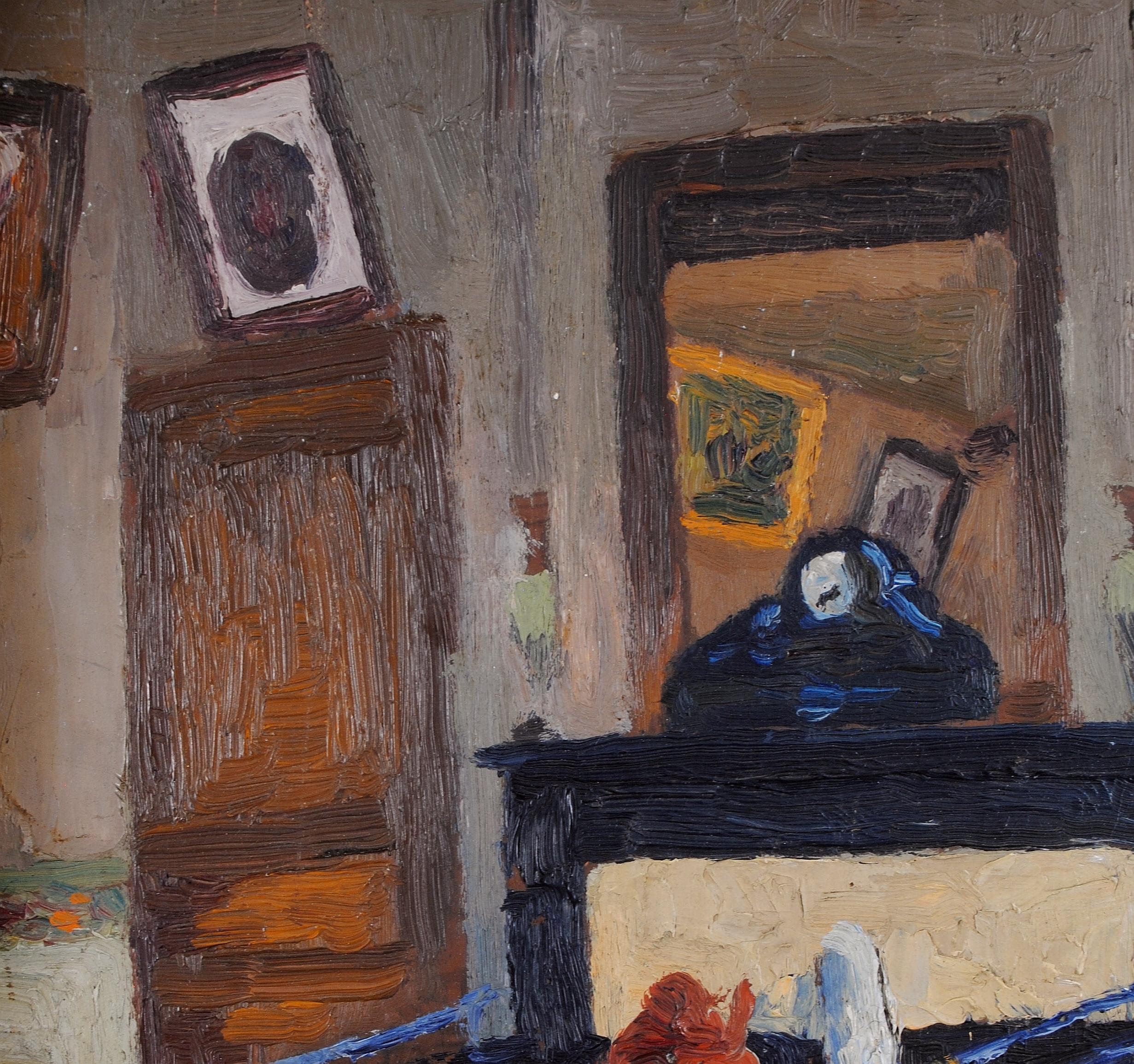 Interno del soggiorno - Pittura a olio post impressionista francese dei primi del Novecento - Painting Postimpressionismo di Early 20th Century French School