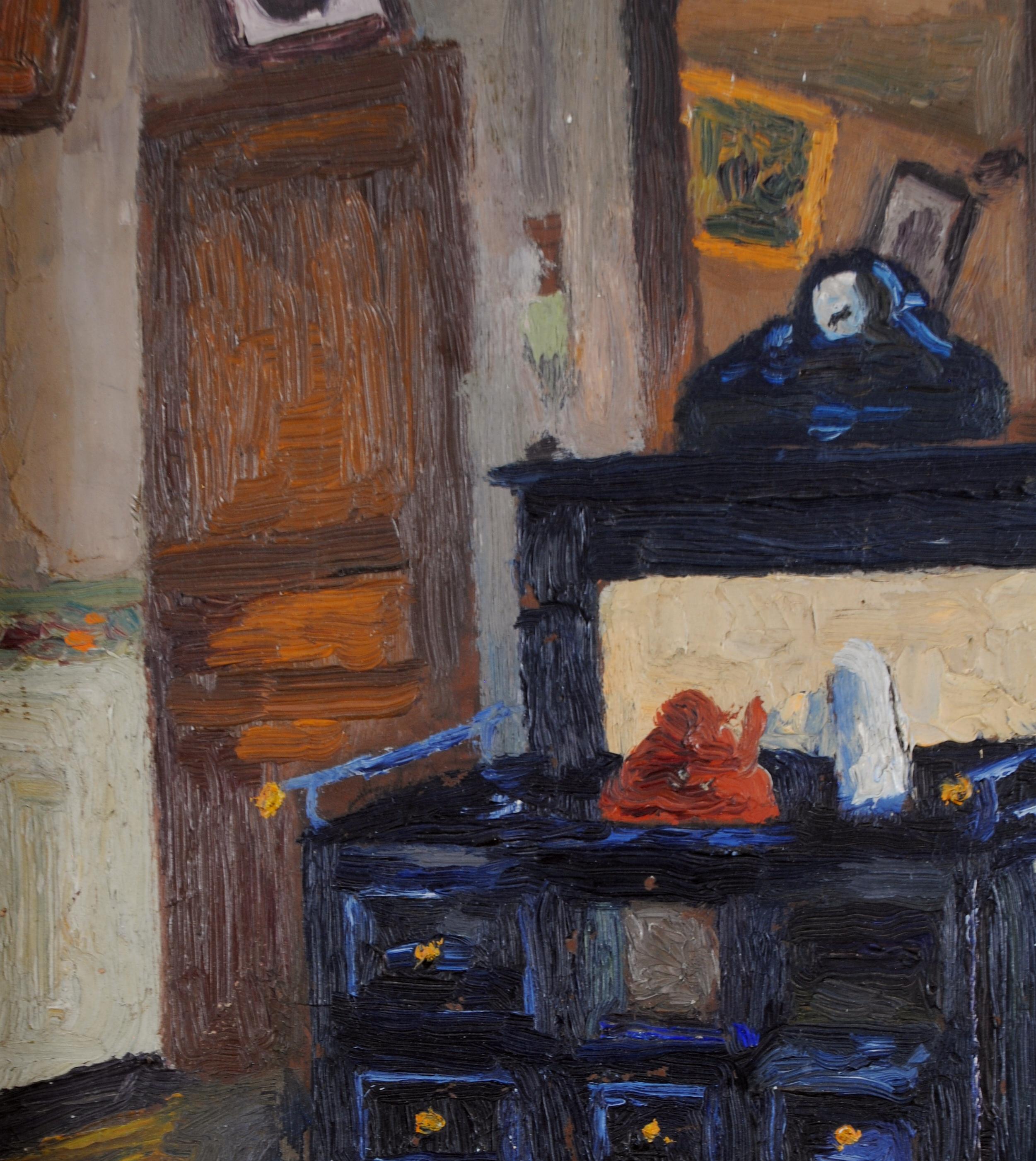 Un bellissimo olio su tavola post-impressionista francese degli anni '30 che raffigura un interno di un salotto con comò, orologio, specchio e quadri.

Interni francesi di qualità eccellente e molto stravaganti, presentati in una cornice dorata