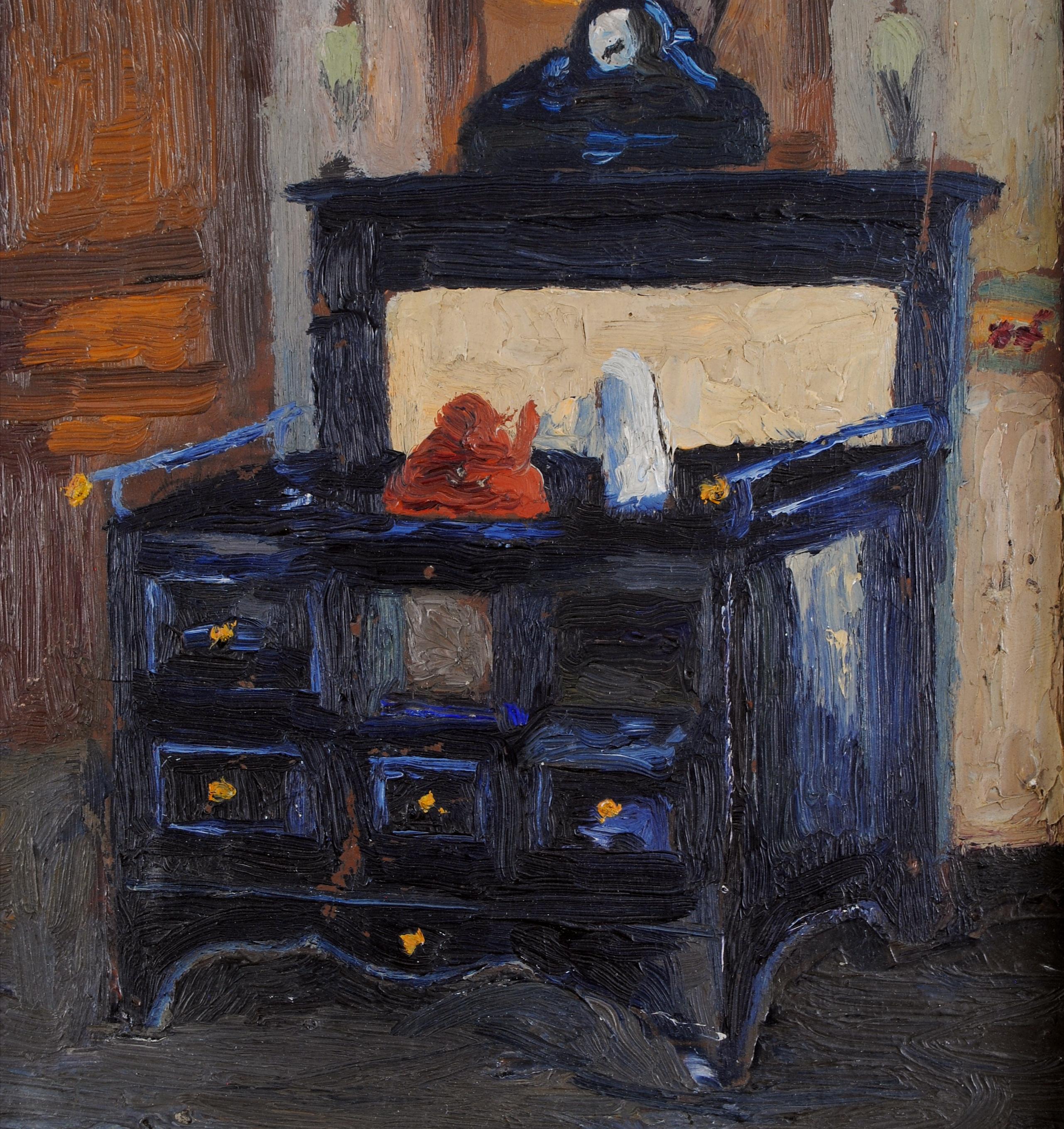 Interno del soggiorno - Pittura a olio post impressionista francese dei primi del Novecento 1