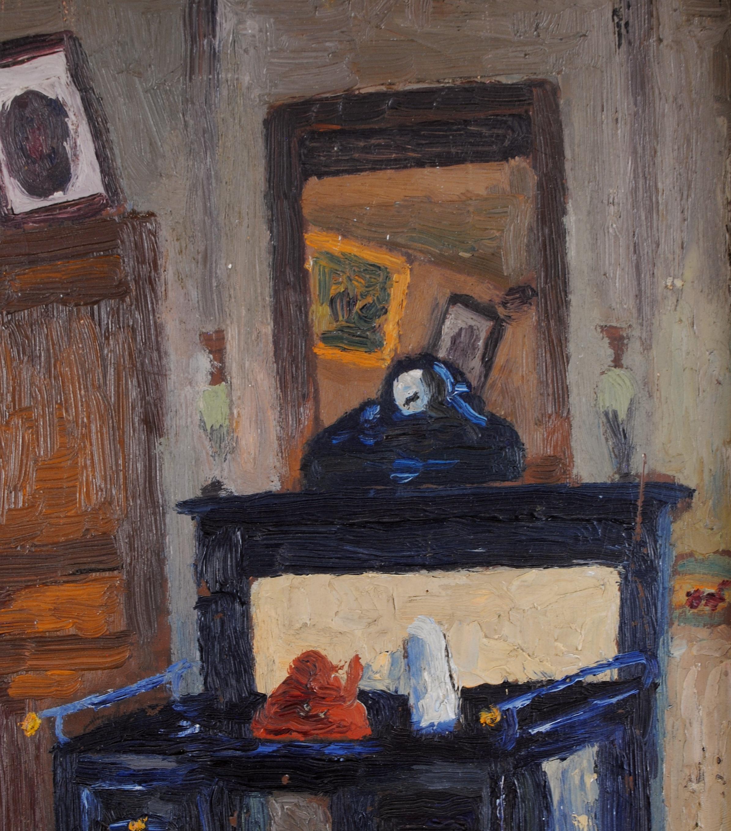Interno del soggiorno - Pittura a olio post impressionista francese dei primi del Novecento 2