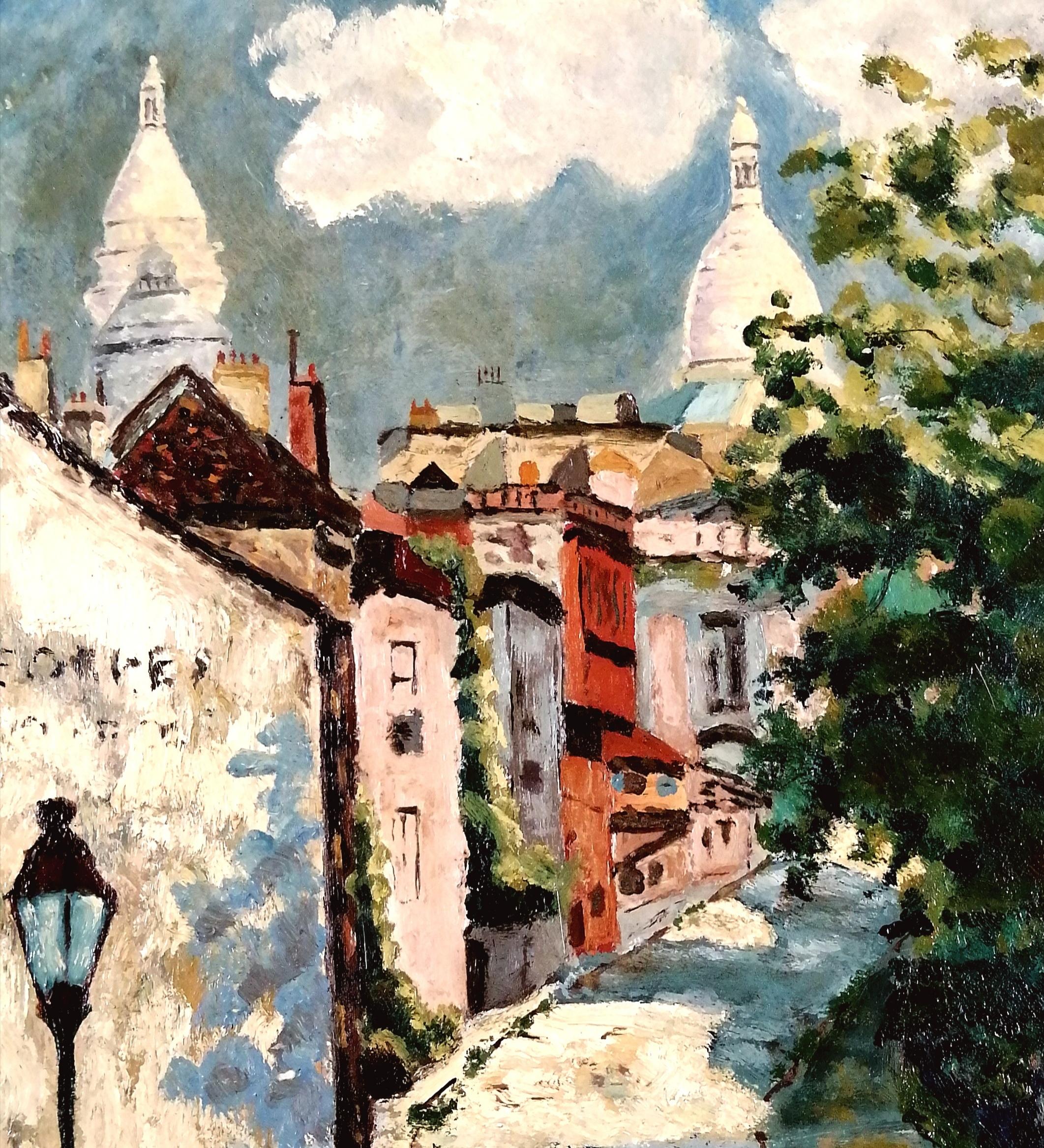 Montmartre - Pintura al óleo callejera impresionista francesa de París de principios del siglo XX - Landscape Painting Marrón de Early 20th Century French School