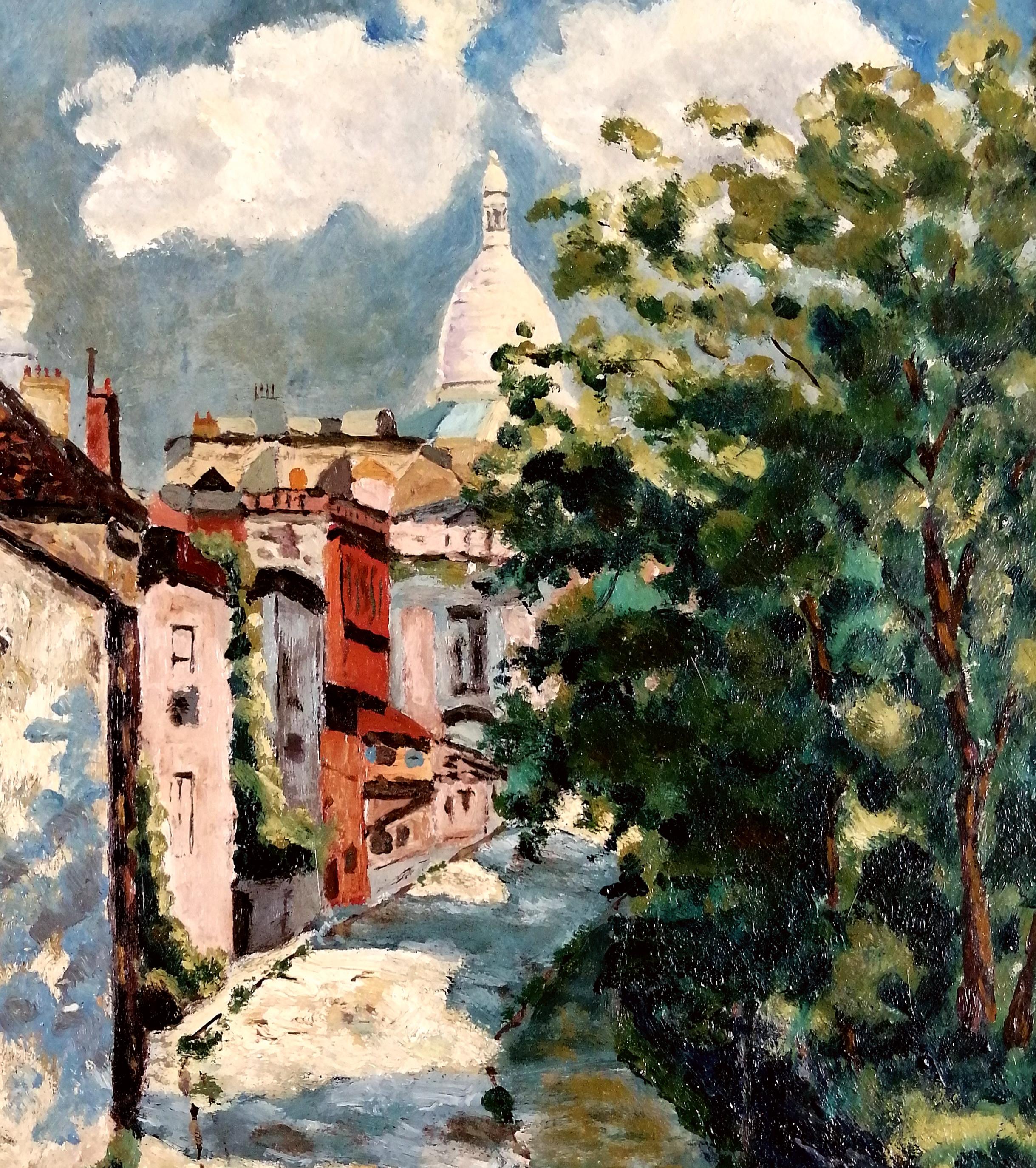 Precioso óleo sobre tabla impresionista francés de los años 30 que representa una vista del barrio de Montmartre de París, con las cúpulas de la iglesia del Sacré-Coeur al fondo.

Encantadora vista callejera de París, presentada en un marco de