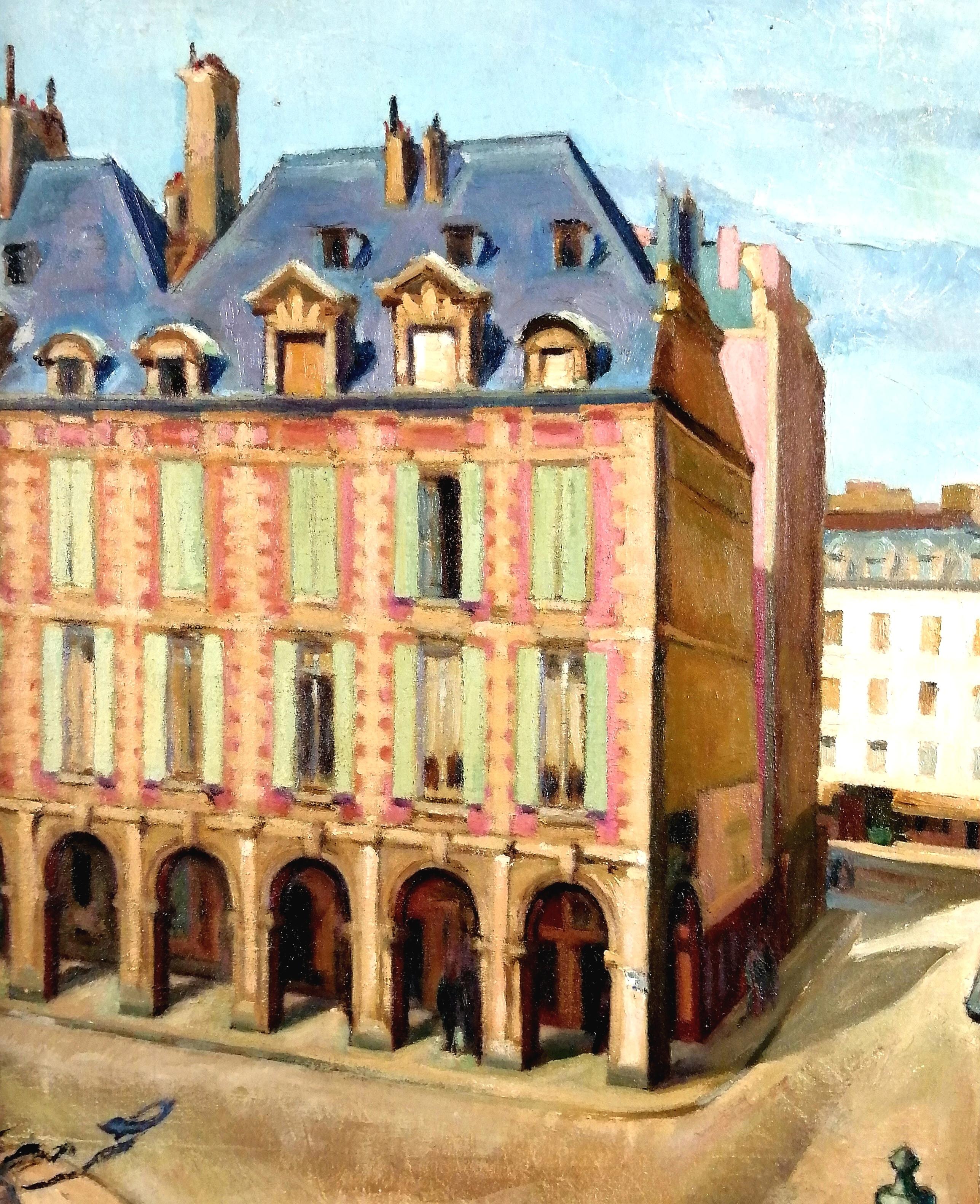 A beautiful large 1930's French oil on canvas depicting the famous Place des Vosges in Paris.

Striking and vibrant work, presented in a good quality painted wood Montparnasse frame.

Artist: French School, early 20th century
Title: Place des