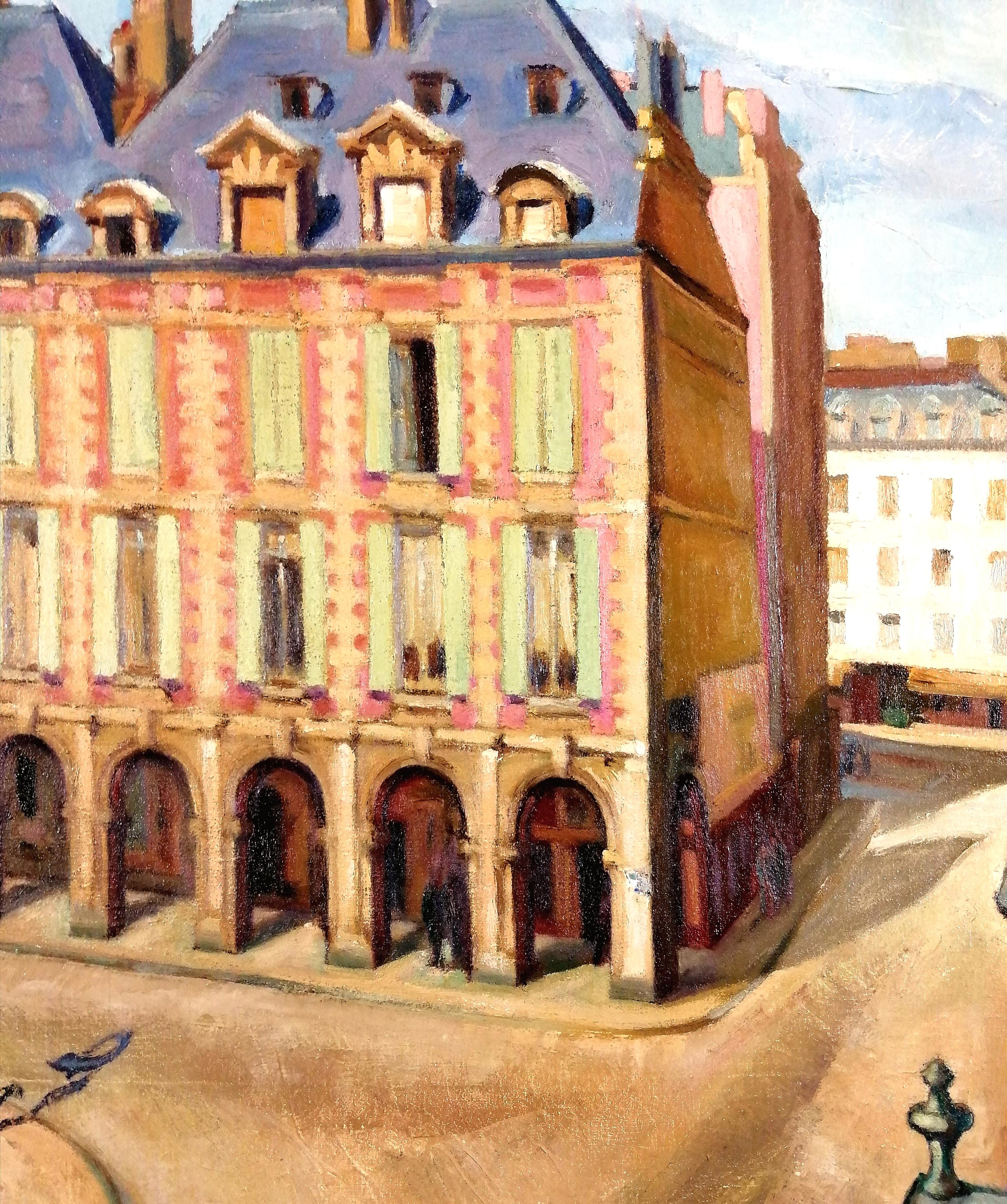 Place des Vosges, Paris - Large Early 20th Century French Square Oil Painting For Sale 1