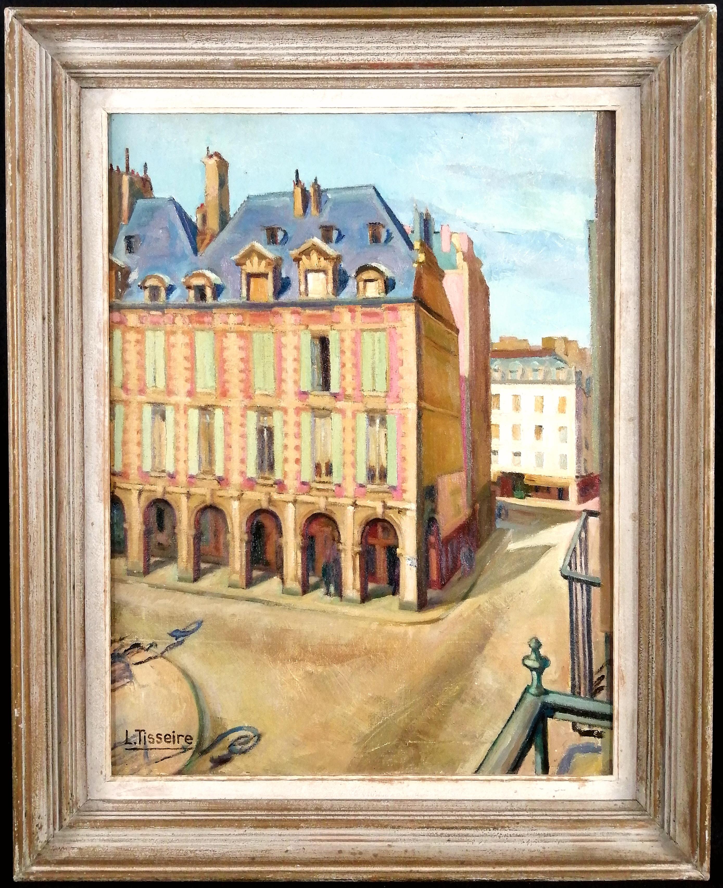 Early 20th Century French School Landscape Painting - Place des Vosges, Paris - Large Early 20th Century French Square Oil Painting