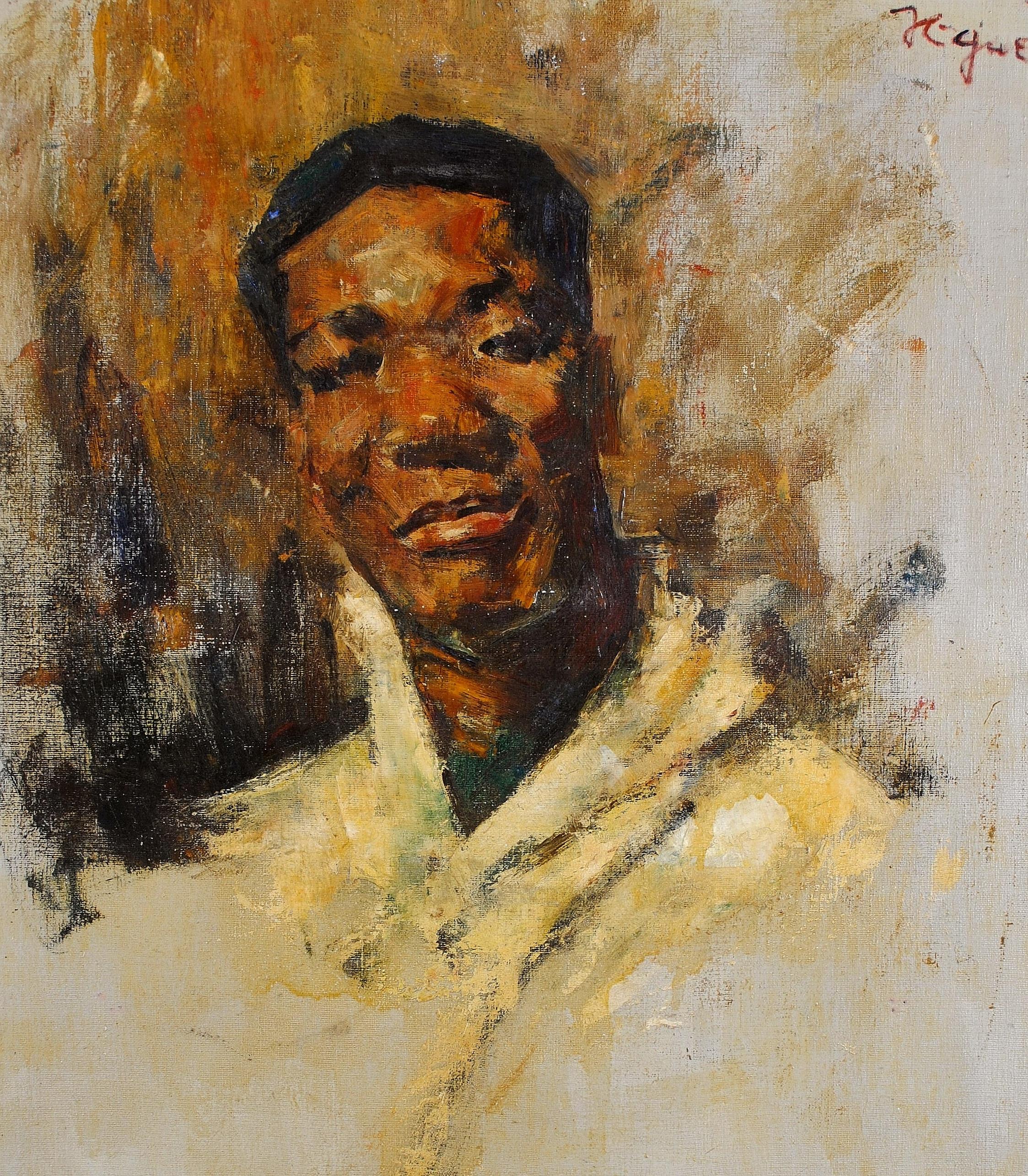 A superb early 20th century French impressionist oil on canvas head and shoulders portrait of an African man wearing a yellow jacket.

Excellent quality and condition work, with a purposely unfinished background. Indistinctly signed upper