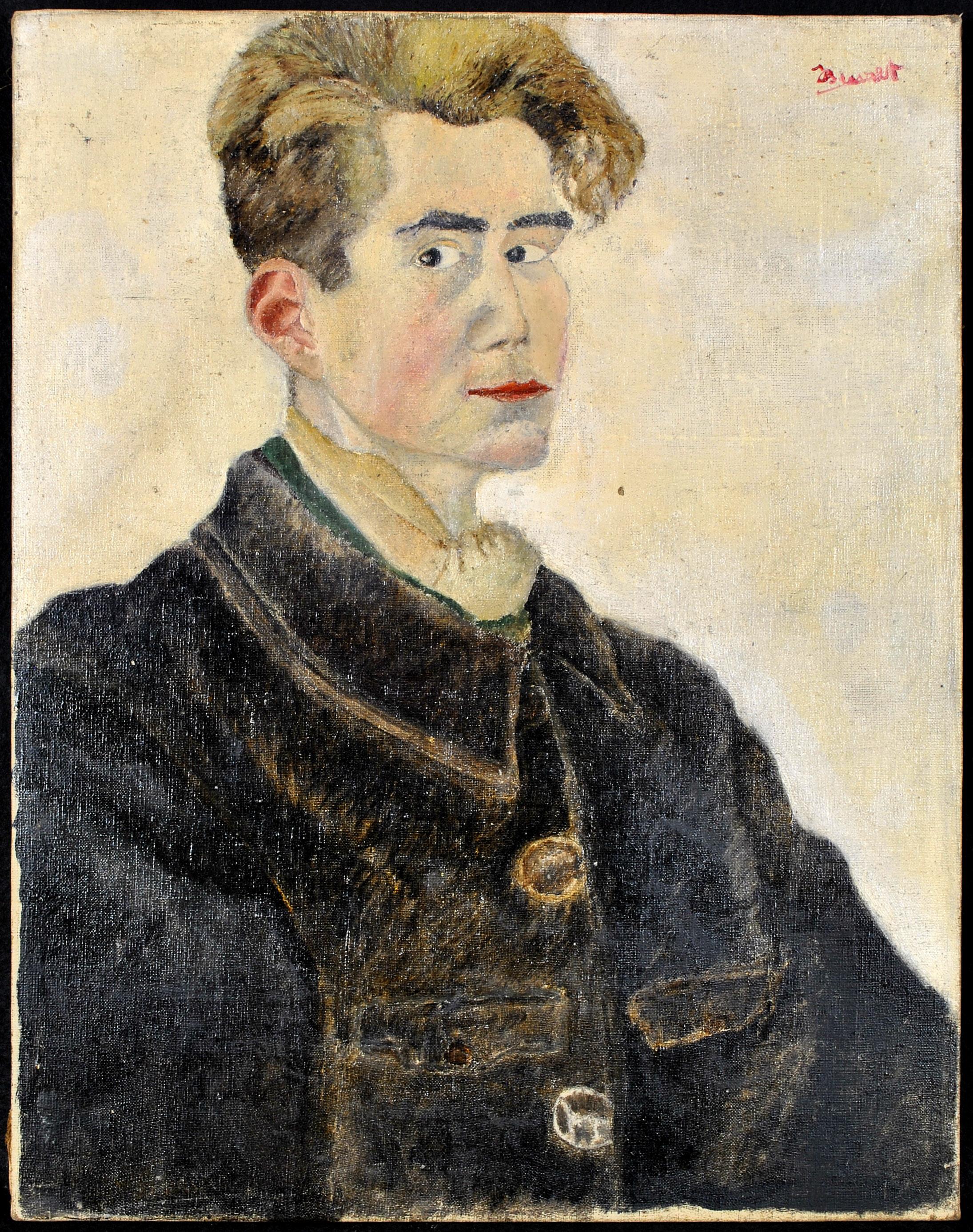 A charming early 20th century french naif oil on canvas portrait of a man wearing a traditional workers jacket and neckerchief. Beautiful and early example of 20th century French naif painting. Indistinctly signed upper right.

Artist: French