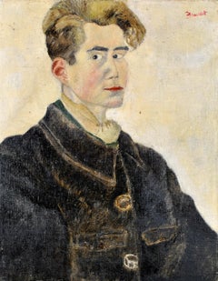 Porträt eines Mannes – großes französisches Naif-Gemälde, Öl auf Leinwand, frühes 20. Jahrhundert